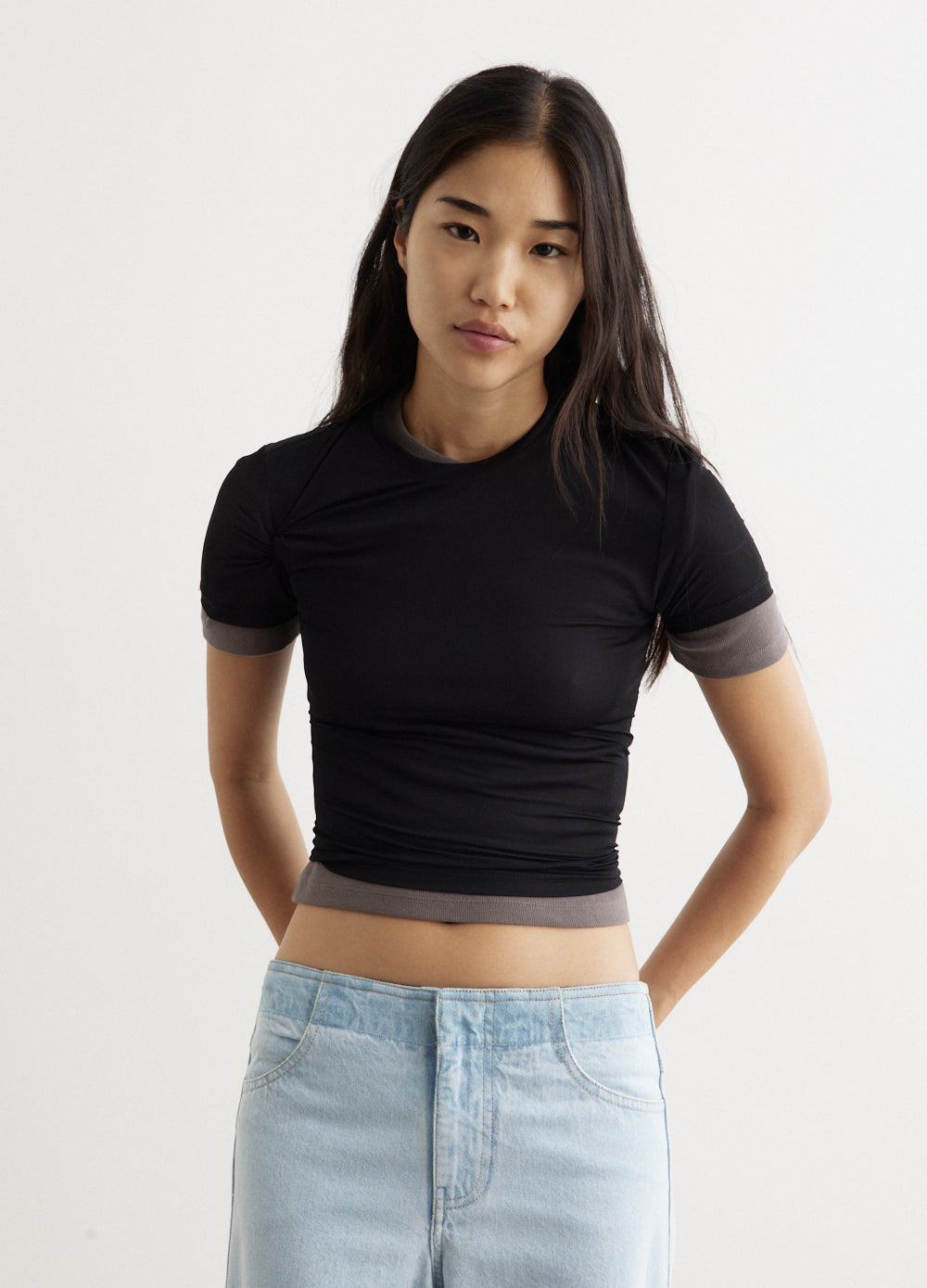 Sheer Overlay Loophole Rib T-Shirt