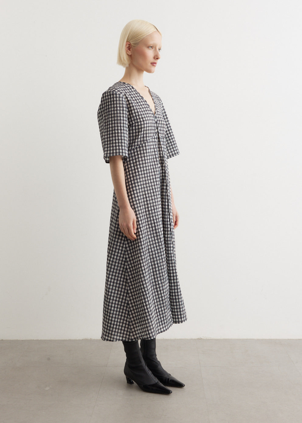 Seersucker Check V-Neck Long Dress