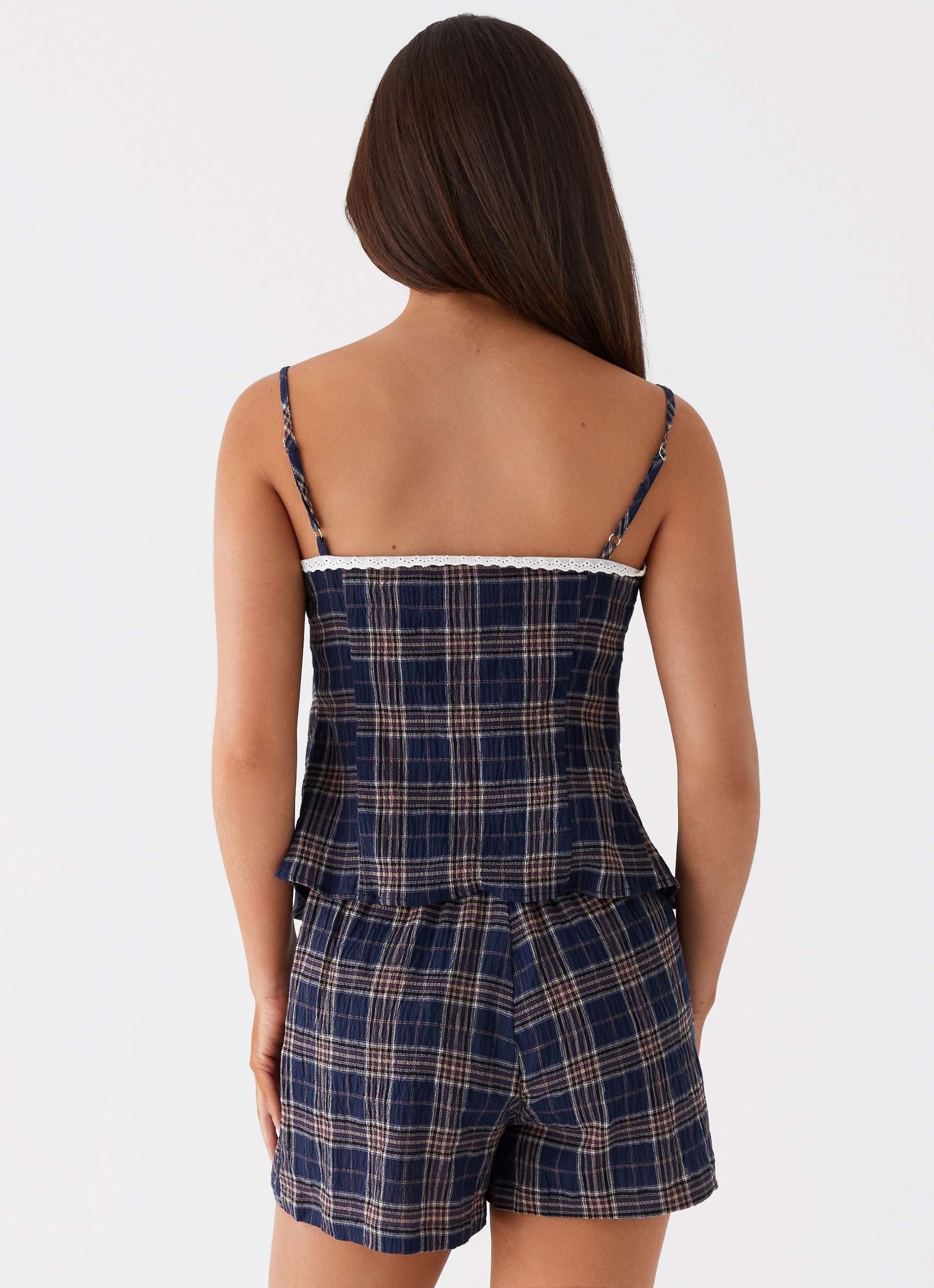 Tamaira Tie Top - Navy Check