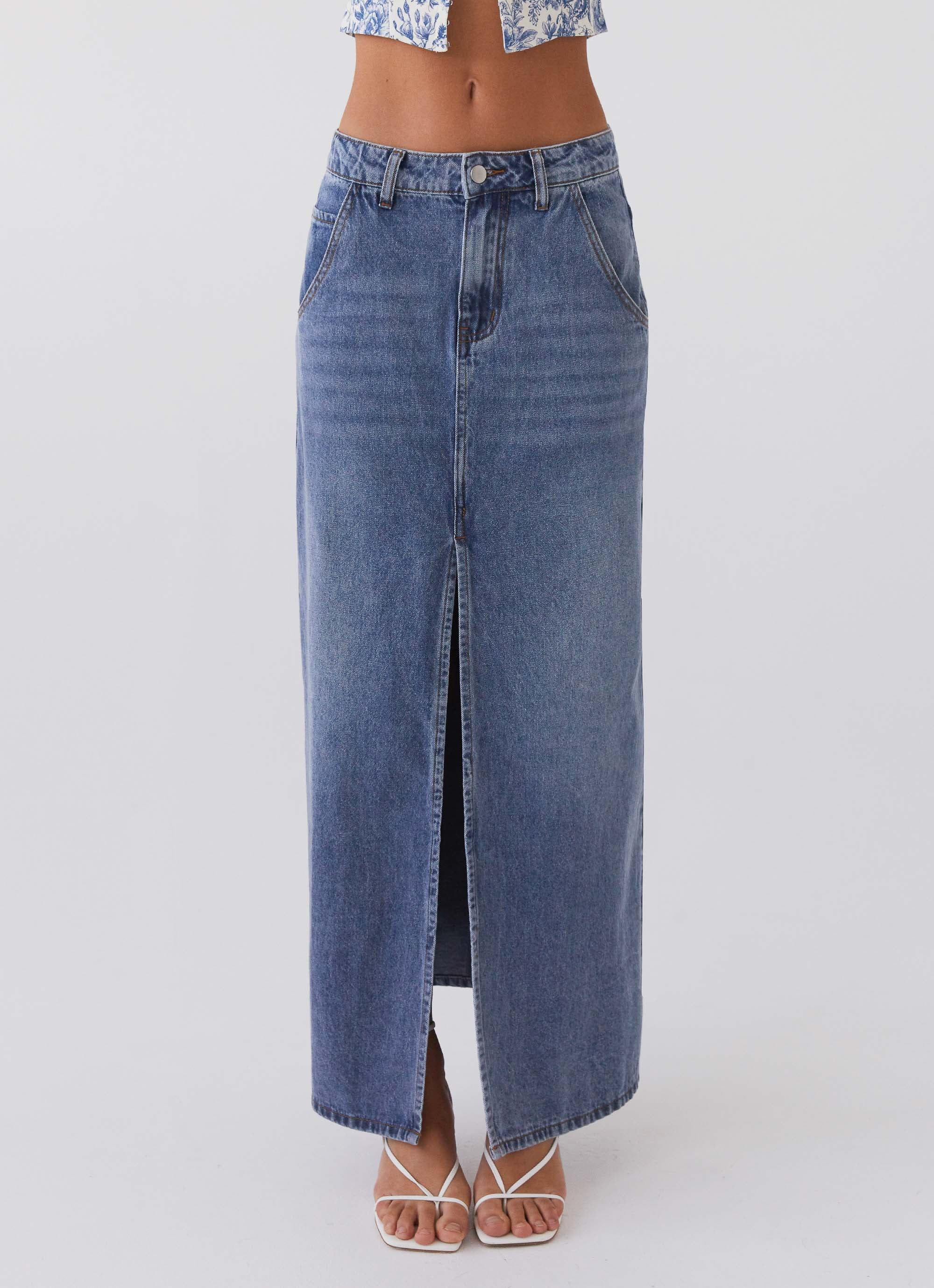 Walk This Way Denim Maxi Skirt - Blue