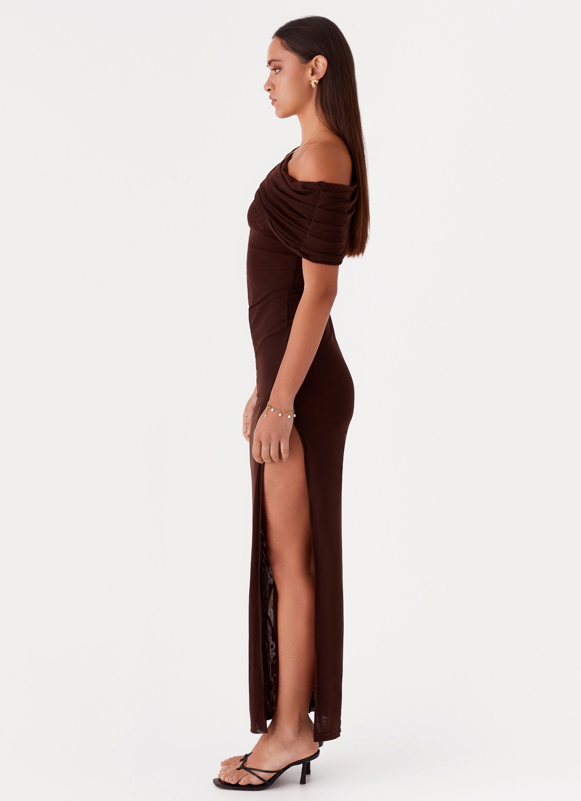 Ciara One Shoulder Draped Maxi Dress - Chocolate