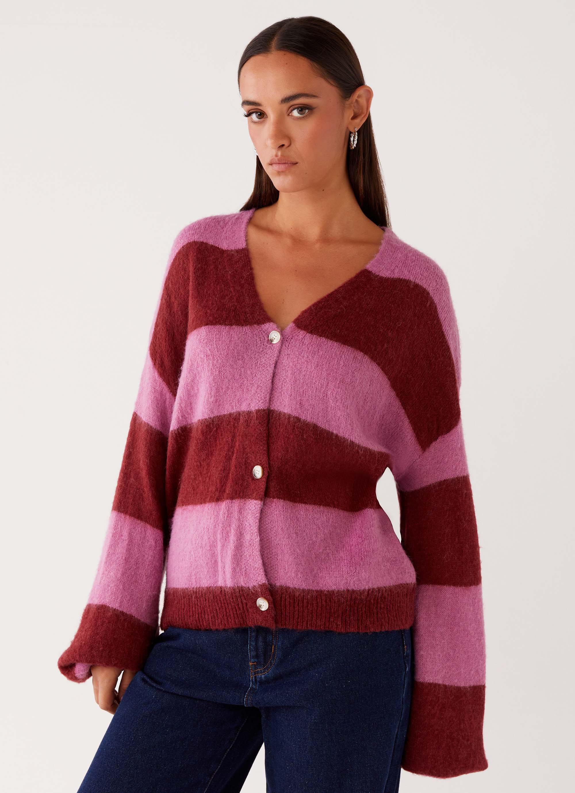 Ainslee Oversized Knit Cardigan - Red Pink Stripe