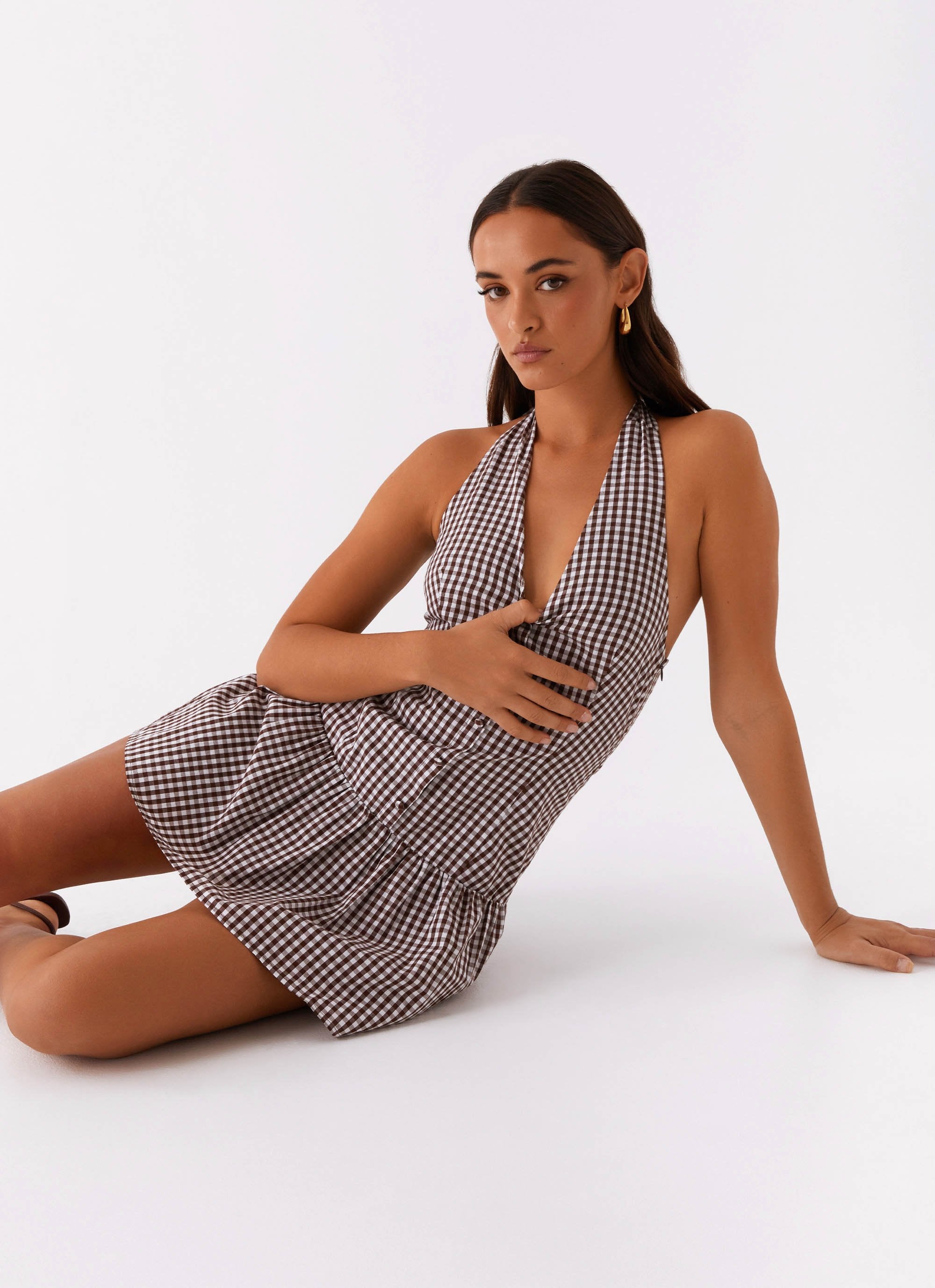 New Look Shirred Halter Mini Dress - Chocolate Gingham