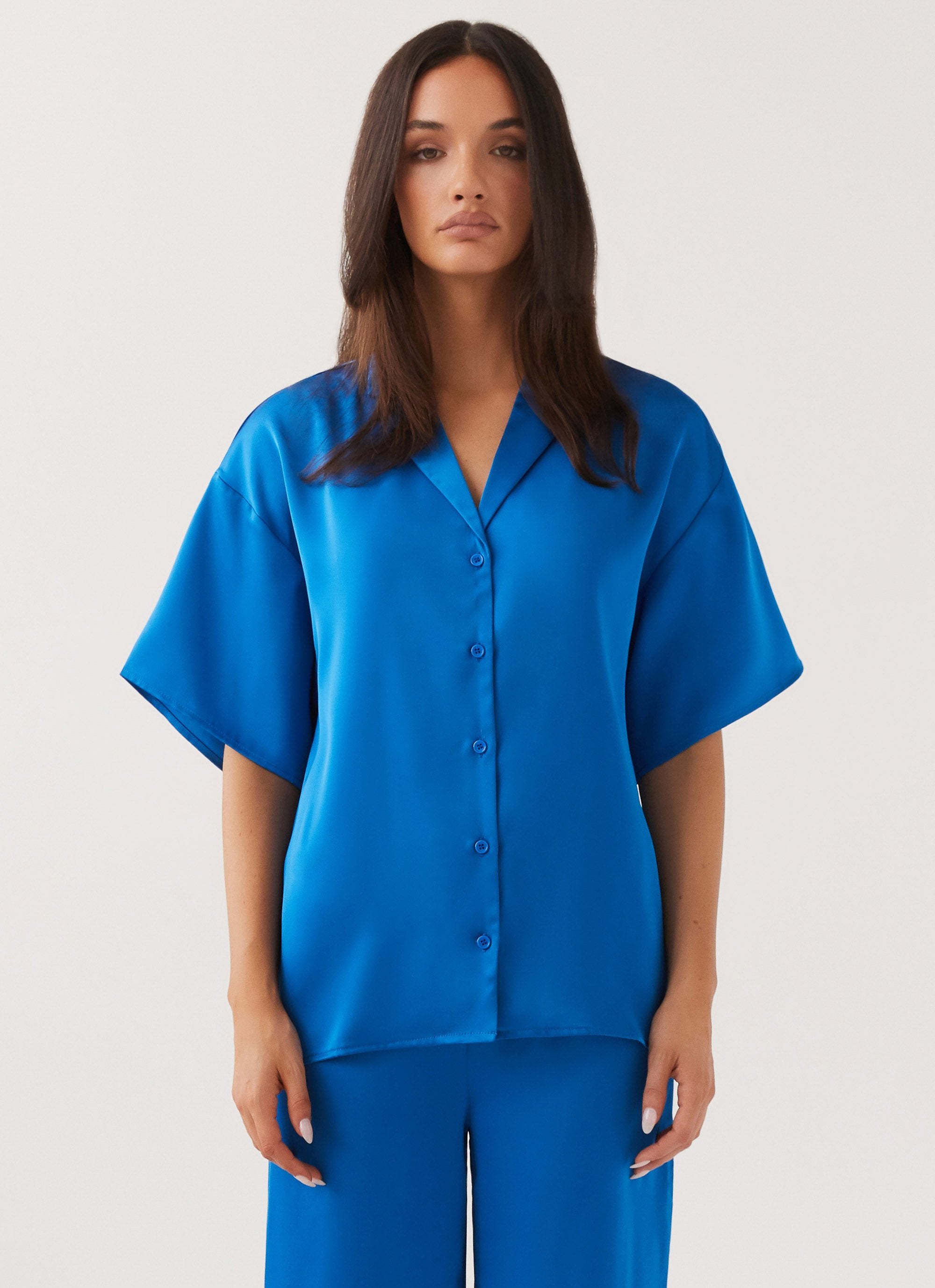 Palm Cove Satin Shirt - Cobalt