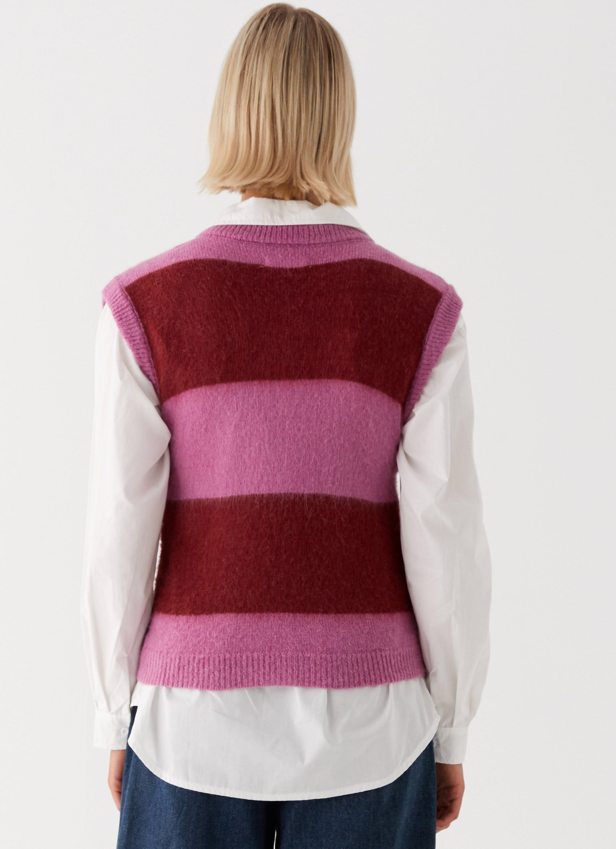 Savannah Fuzzy Knit Vest - Red Pink Stripe