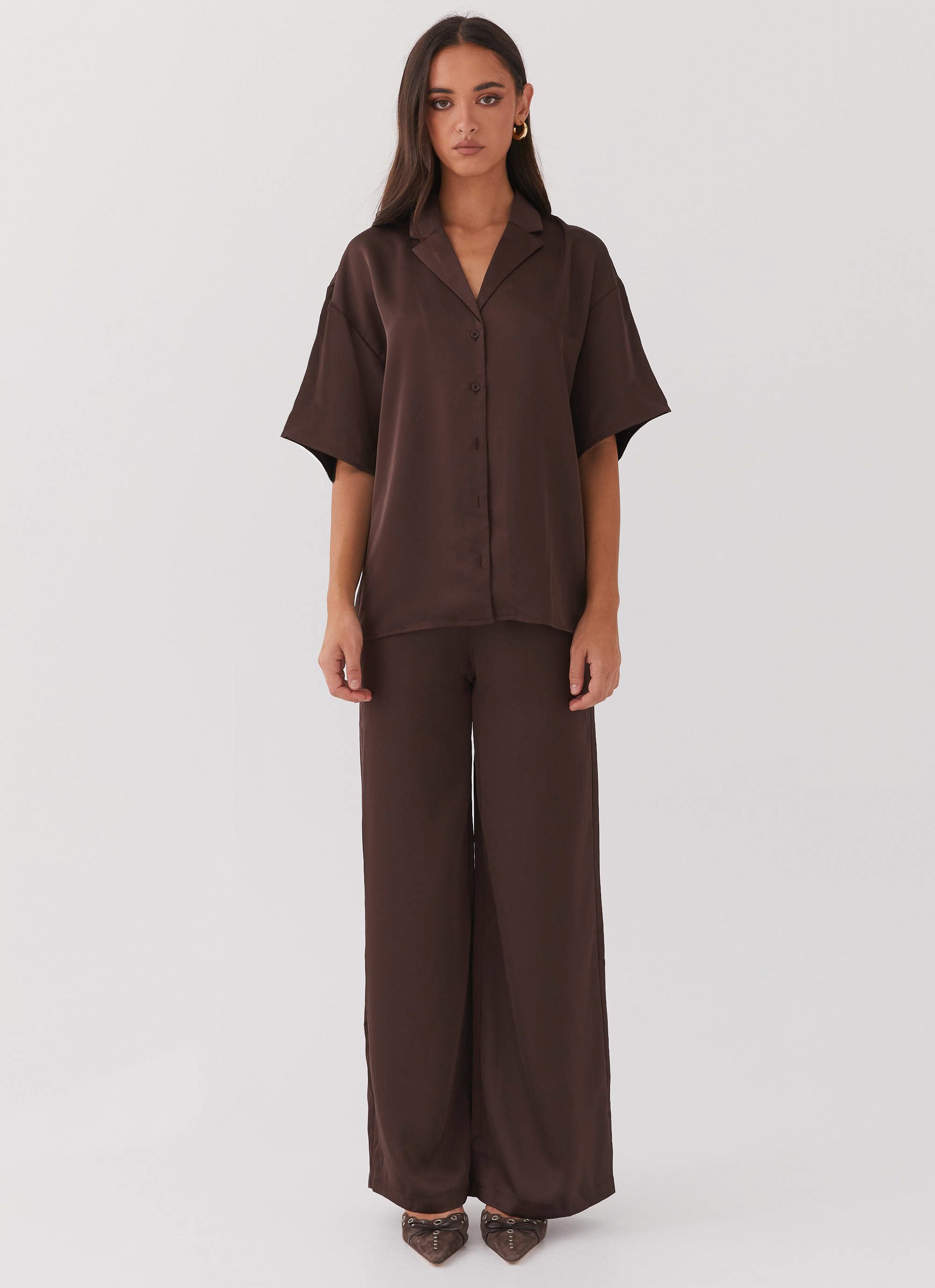 Palm Cove Satin Shirt - Chocolate