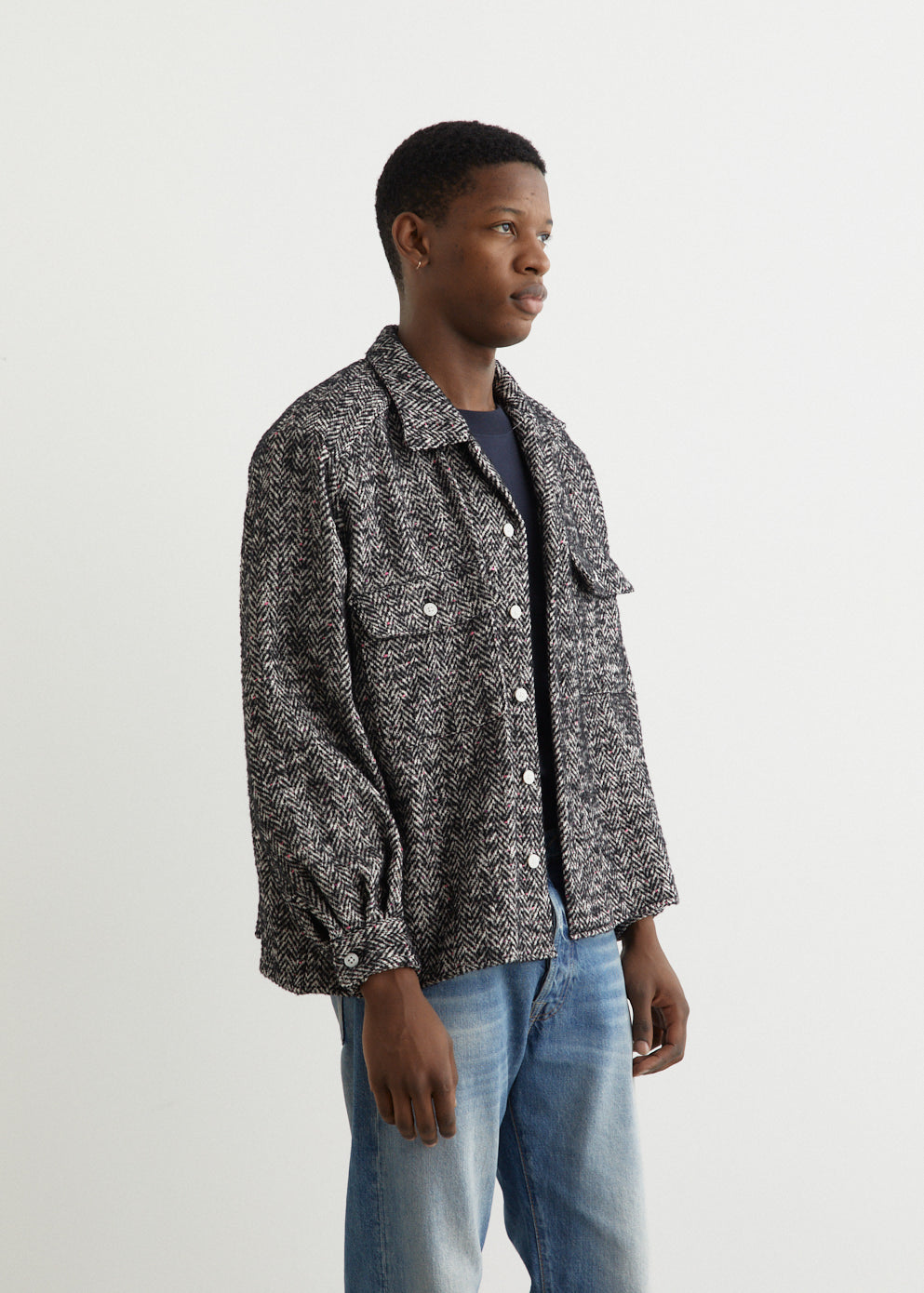 Open Collar Nep Tweed Shirt