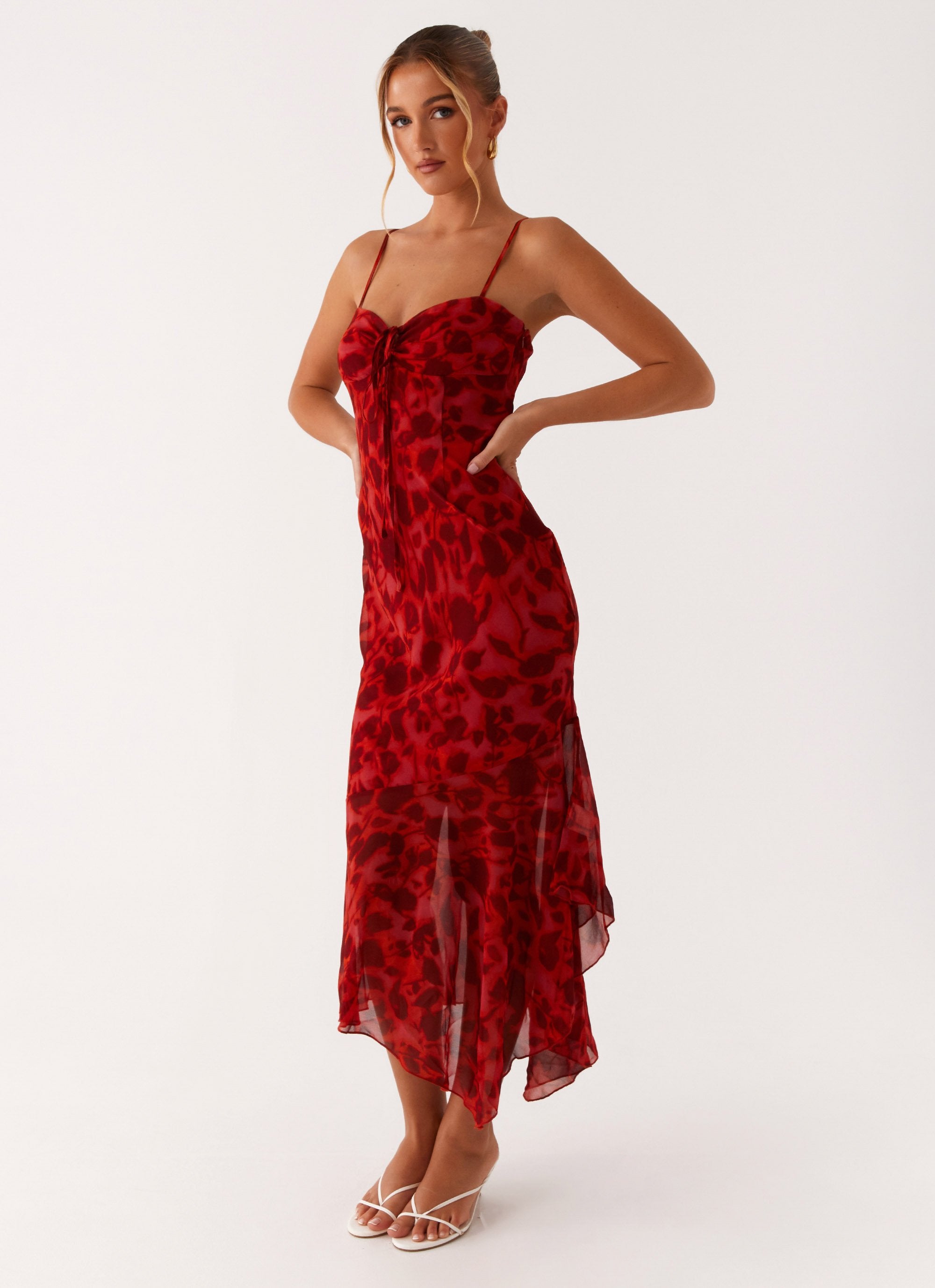 Sally Midi Dress - Deep Red Floral