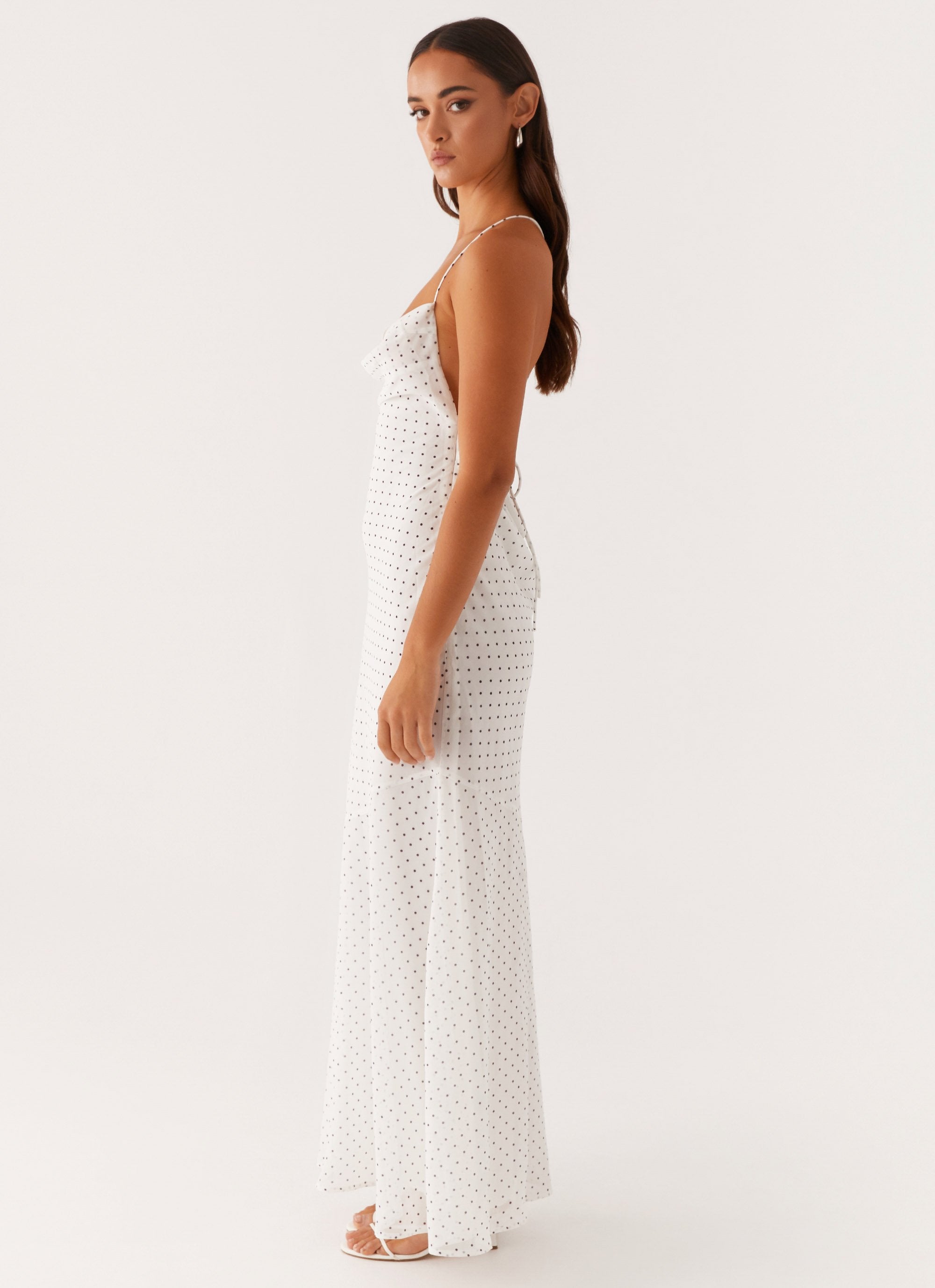 Alianna Cowl Neck Mesh Maxi Dress - White Polka Dot