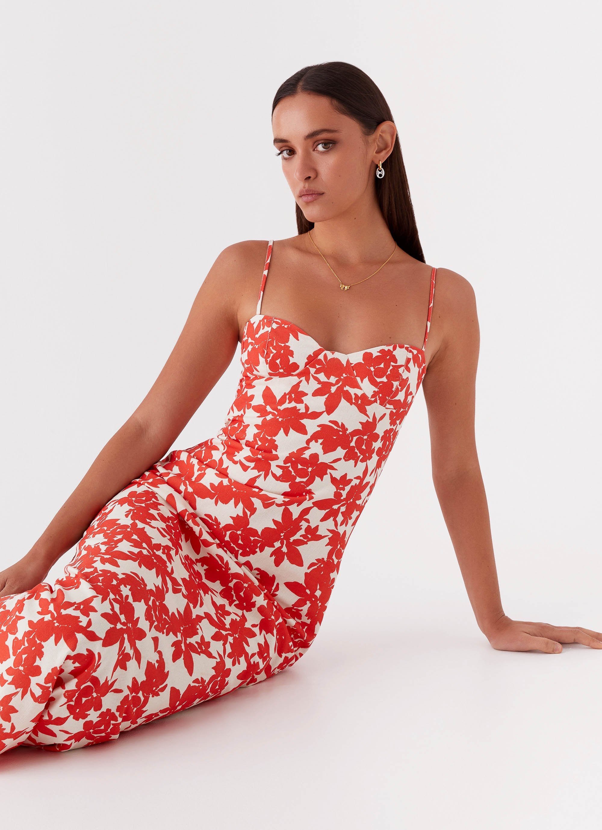 Forbidden Floral Bustier Maxi Dress - Red Floral