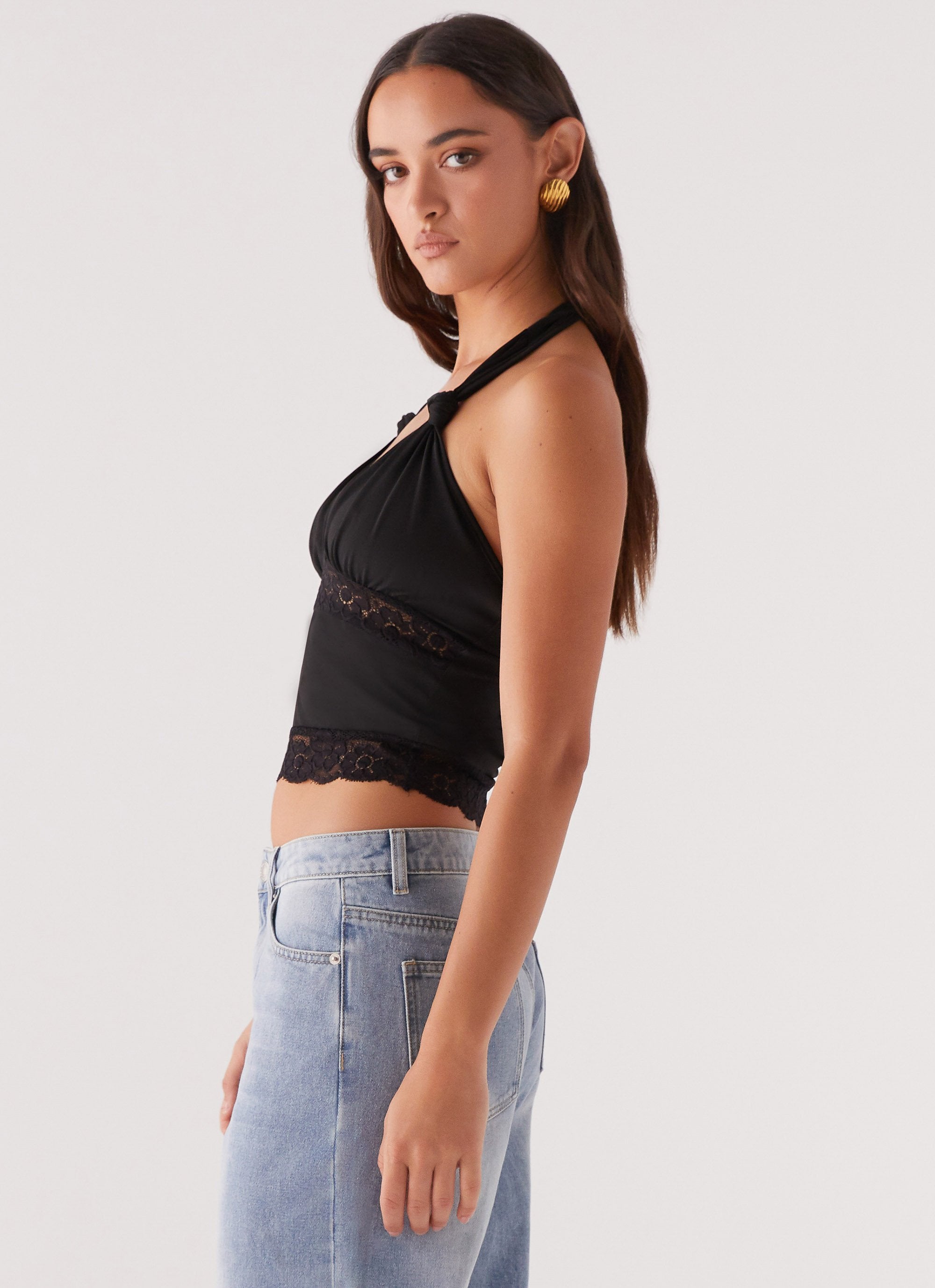 Ocean Plunge Lace Trim Top - Black