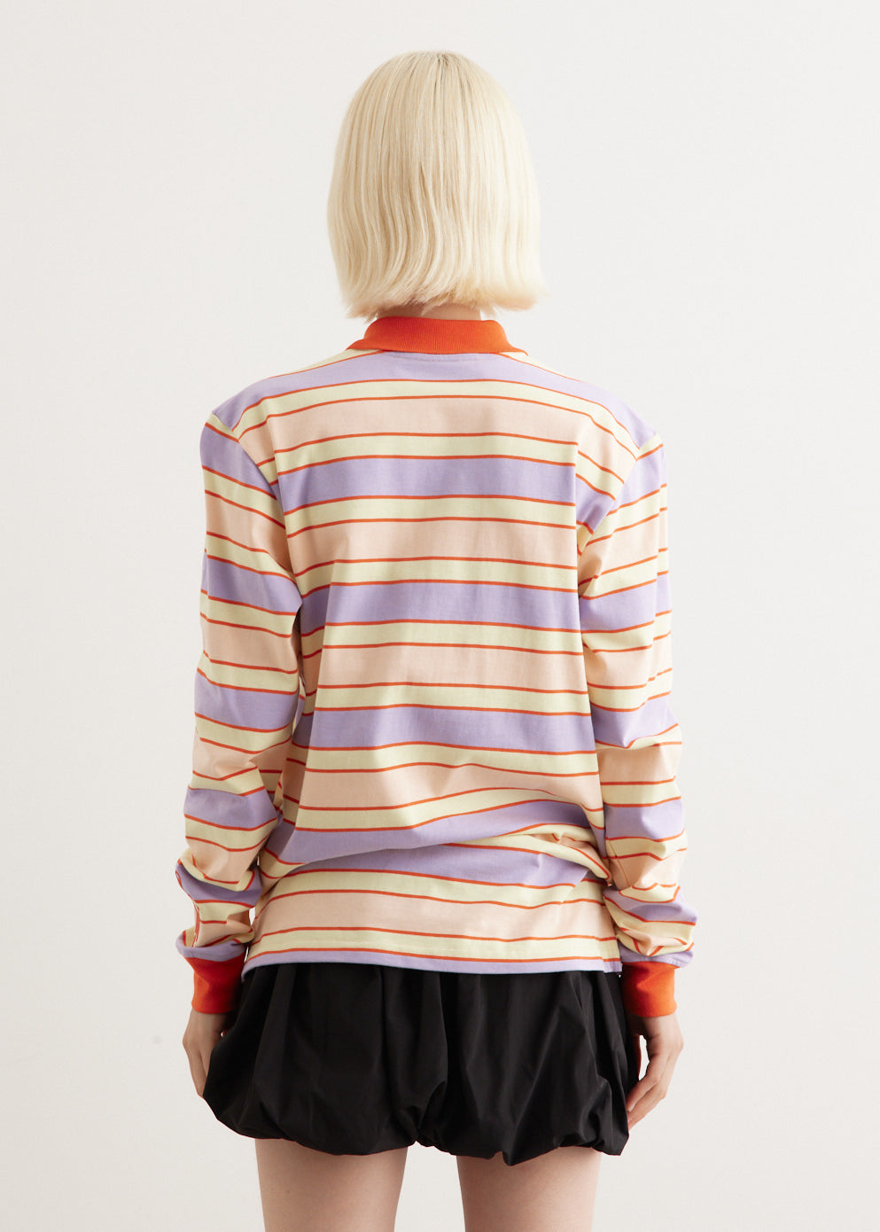 Striped Contrast Trim Long Sleeve Polo Top