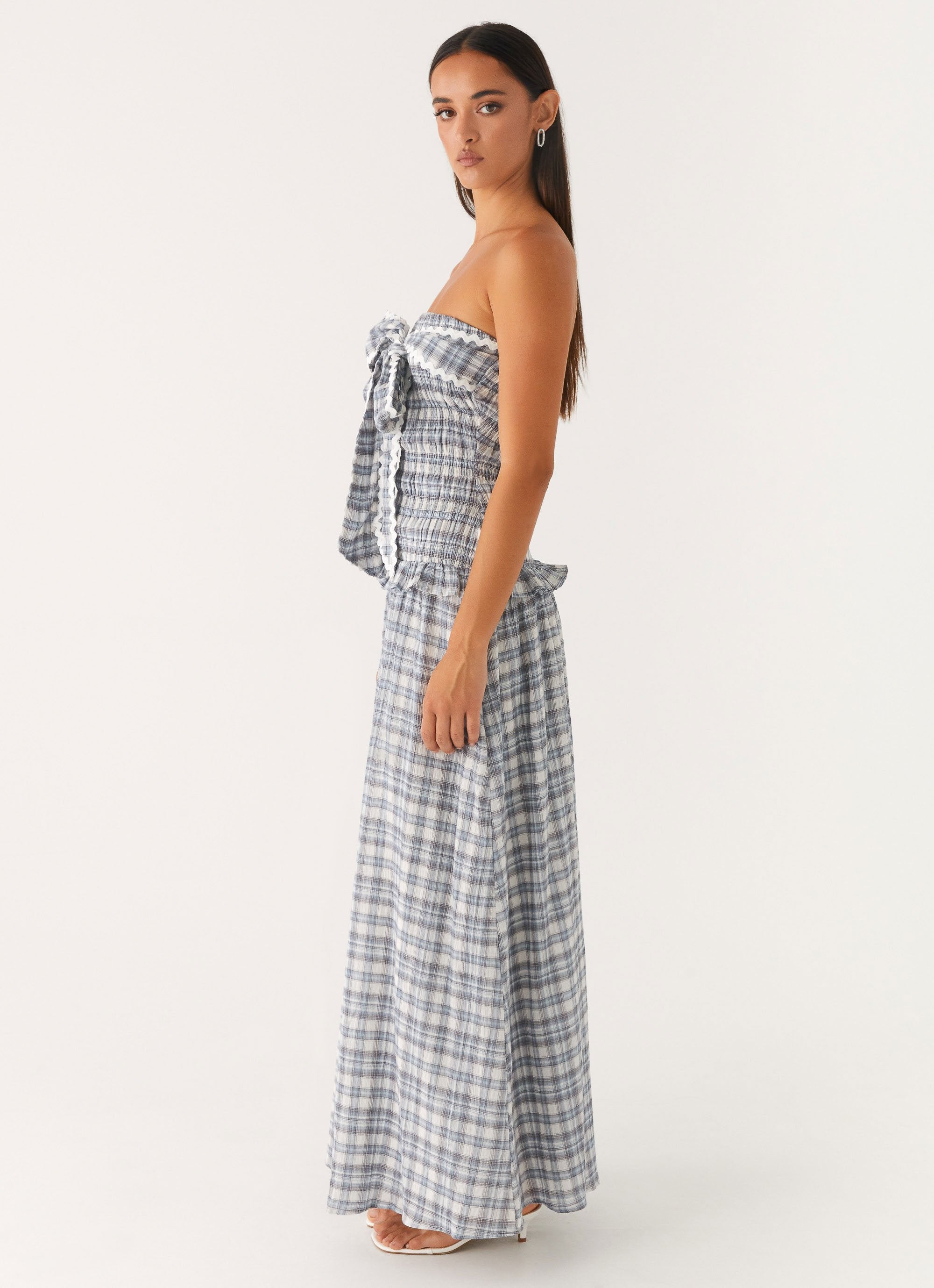 Malia Shirred Maxi Dress - Blue Grey Check