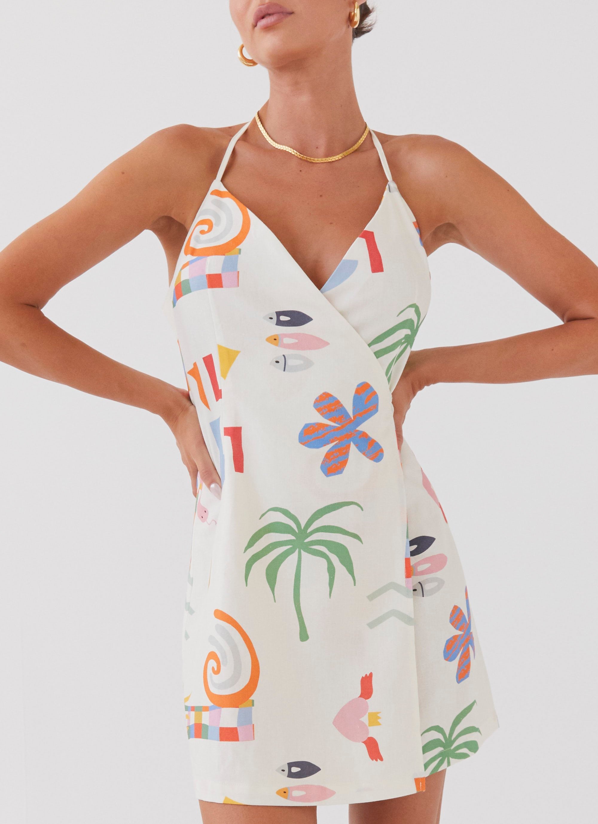 At Last Sunrise Wrap Linen Mini Dress - Summer Palm