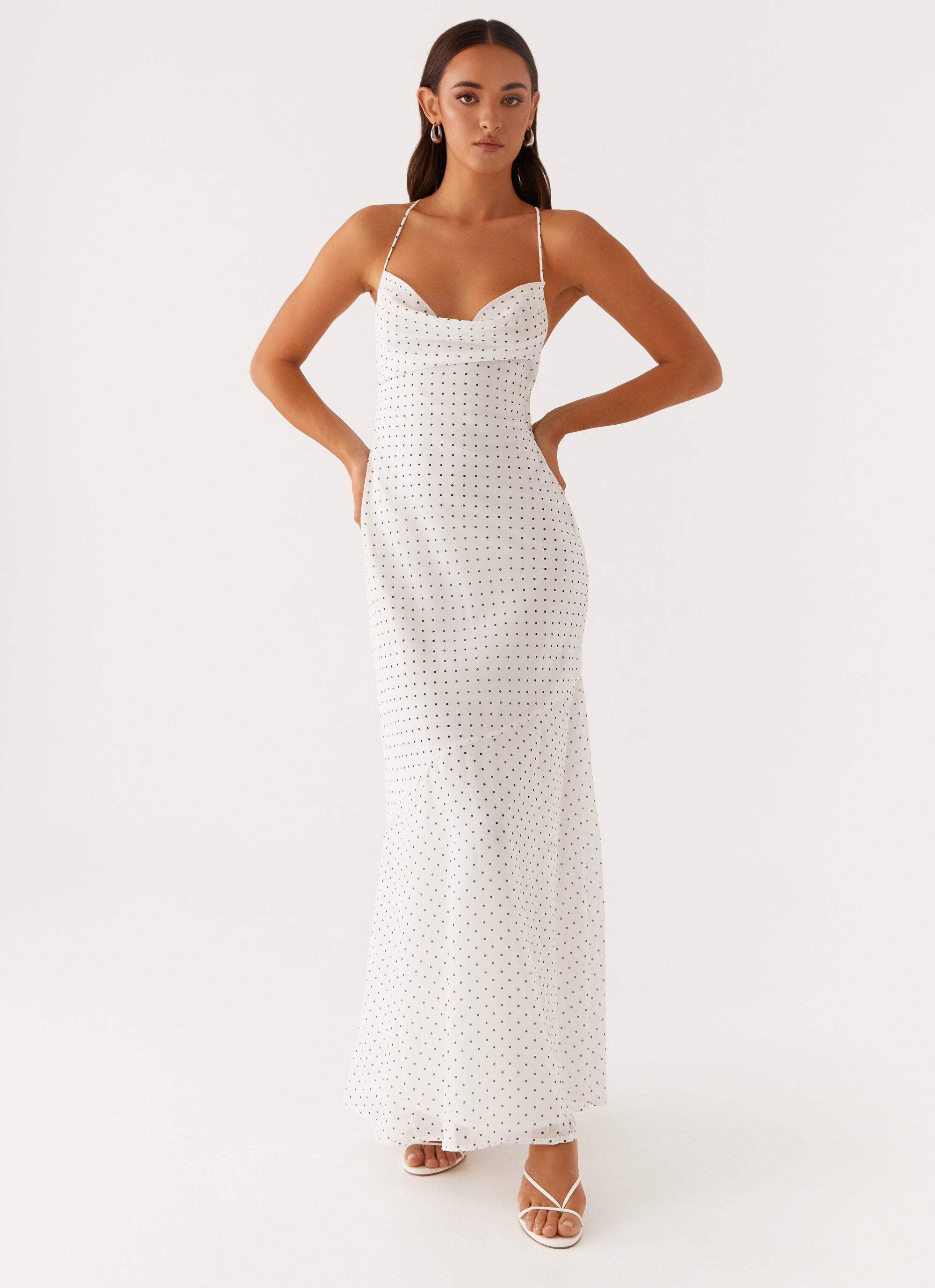 Alianna Cowl Neck Mesh Maxi Dress - White Polka Dot