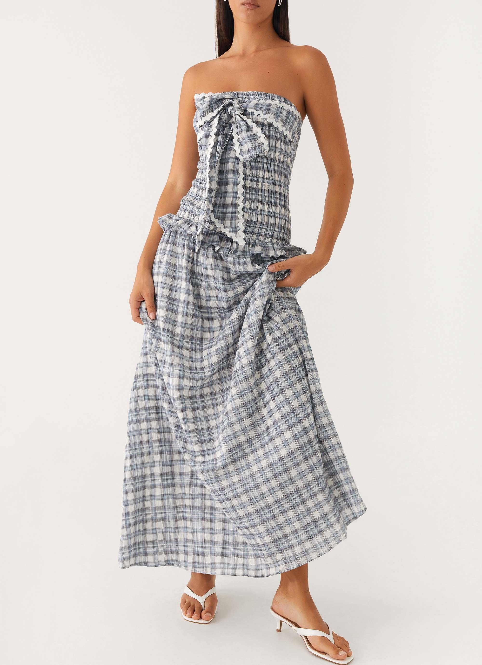 Malia Shirred Maxi Dress - Blue Grey Check