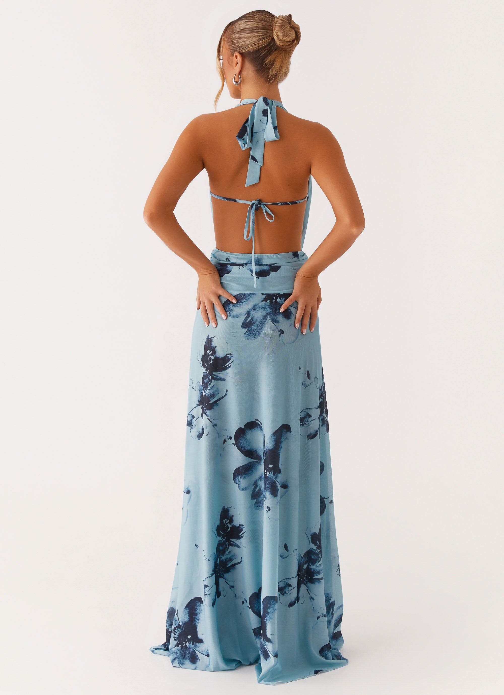 Elysia Mesh Maxi Dress - Blue Black Floral