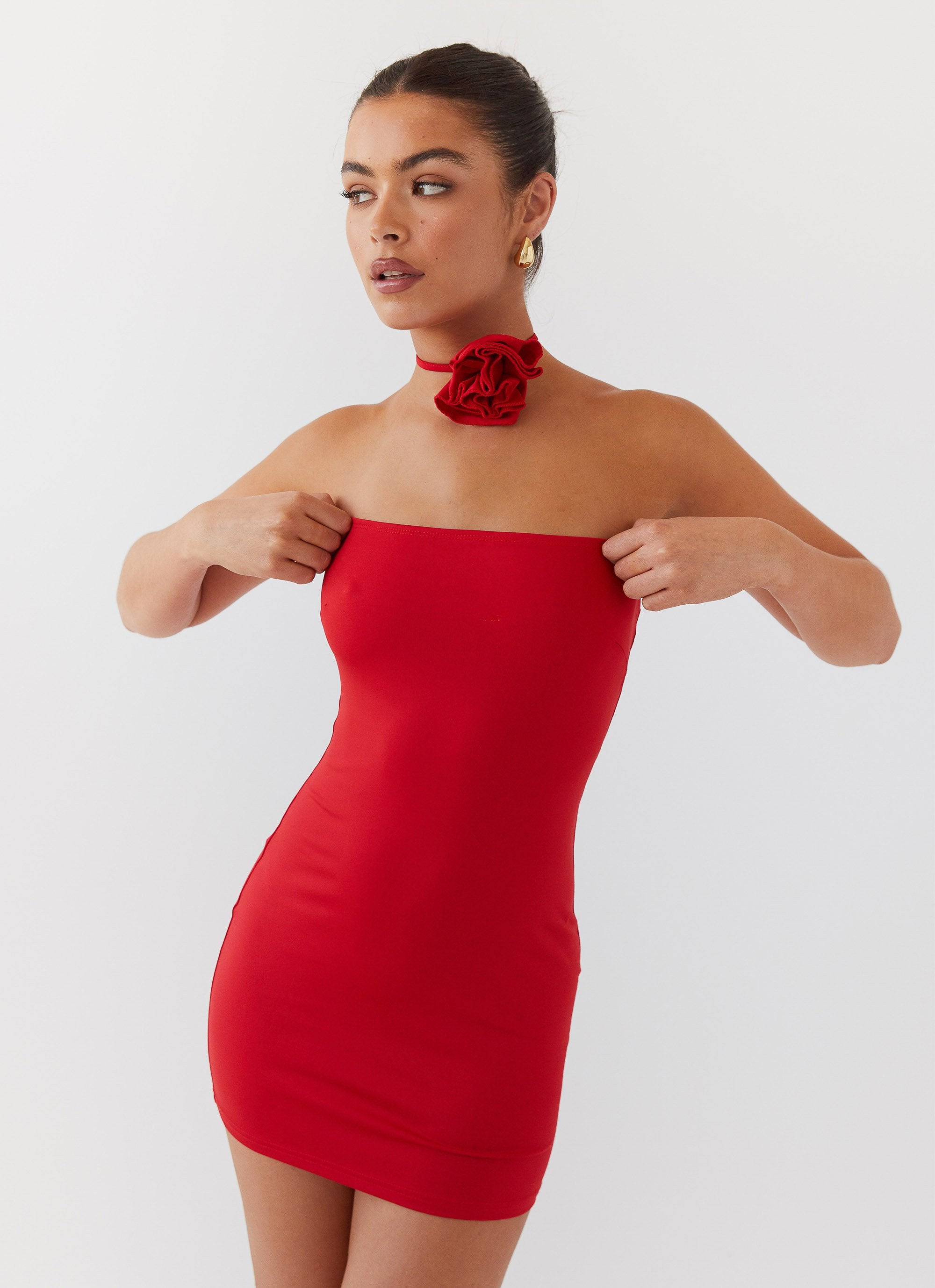 Ruby Glamour Rose Mini Dress - Rouge Red