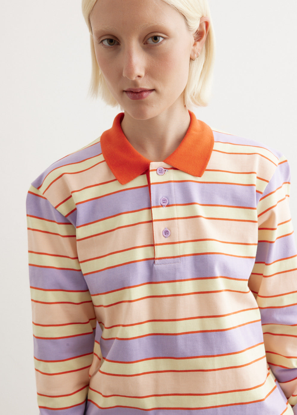 Striped Contrast Trim Long Sleeve Polo Top