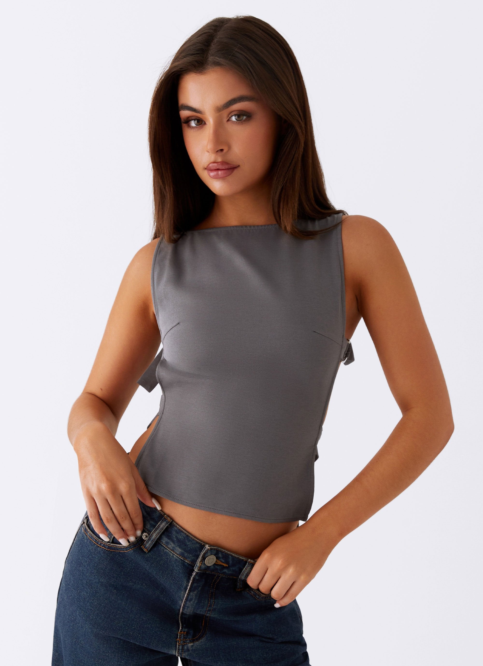 Cherish You Buckle Top - Charcoal