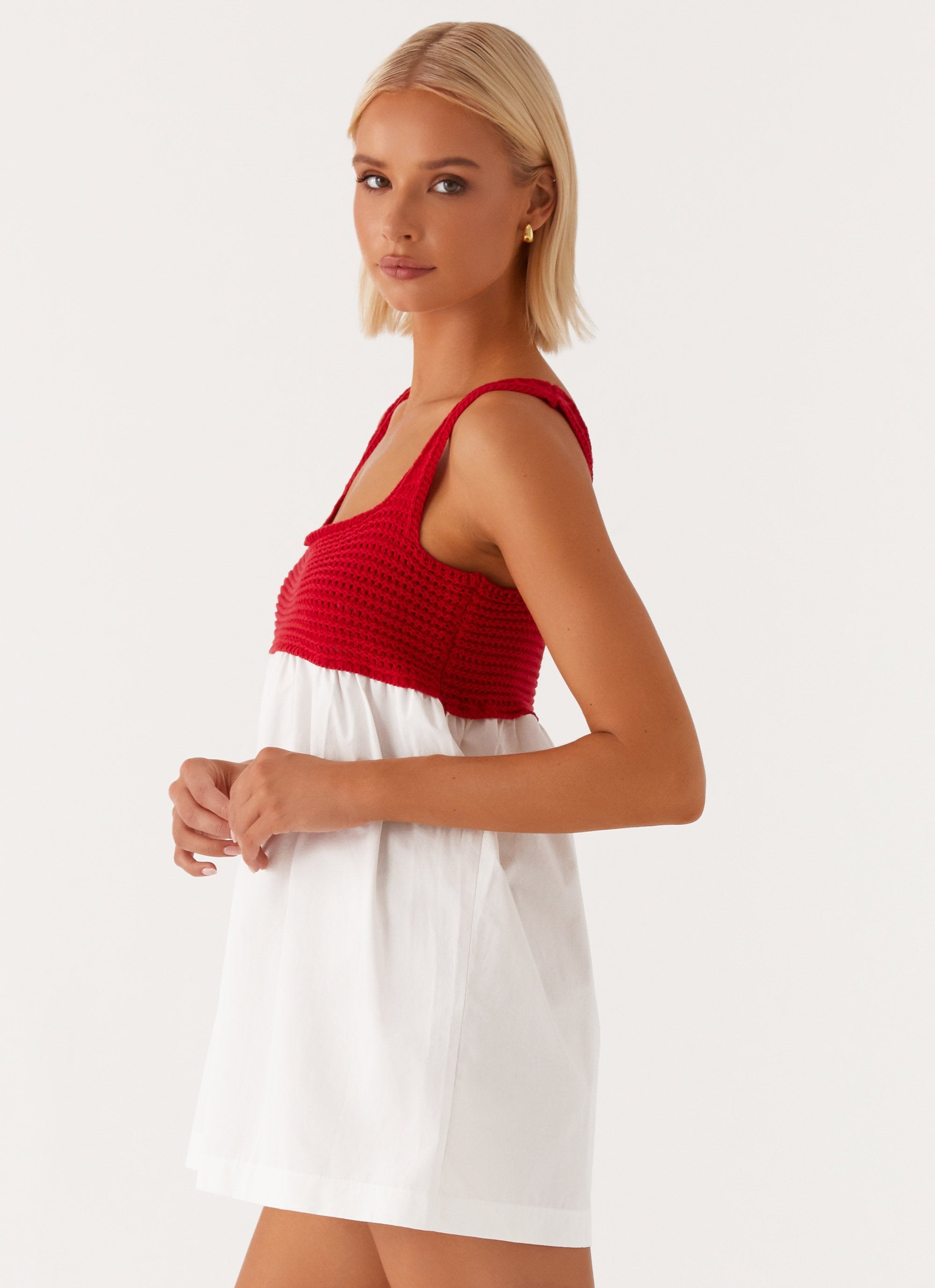 Halona Crochet Babydoll Mini Dress - Red