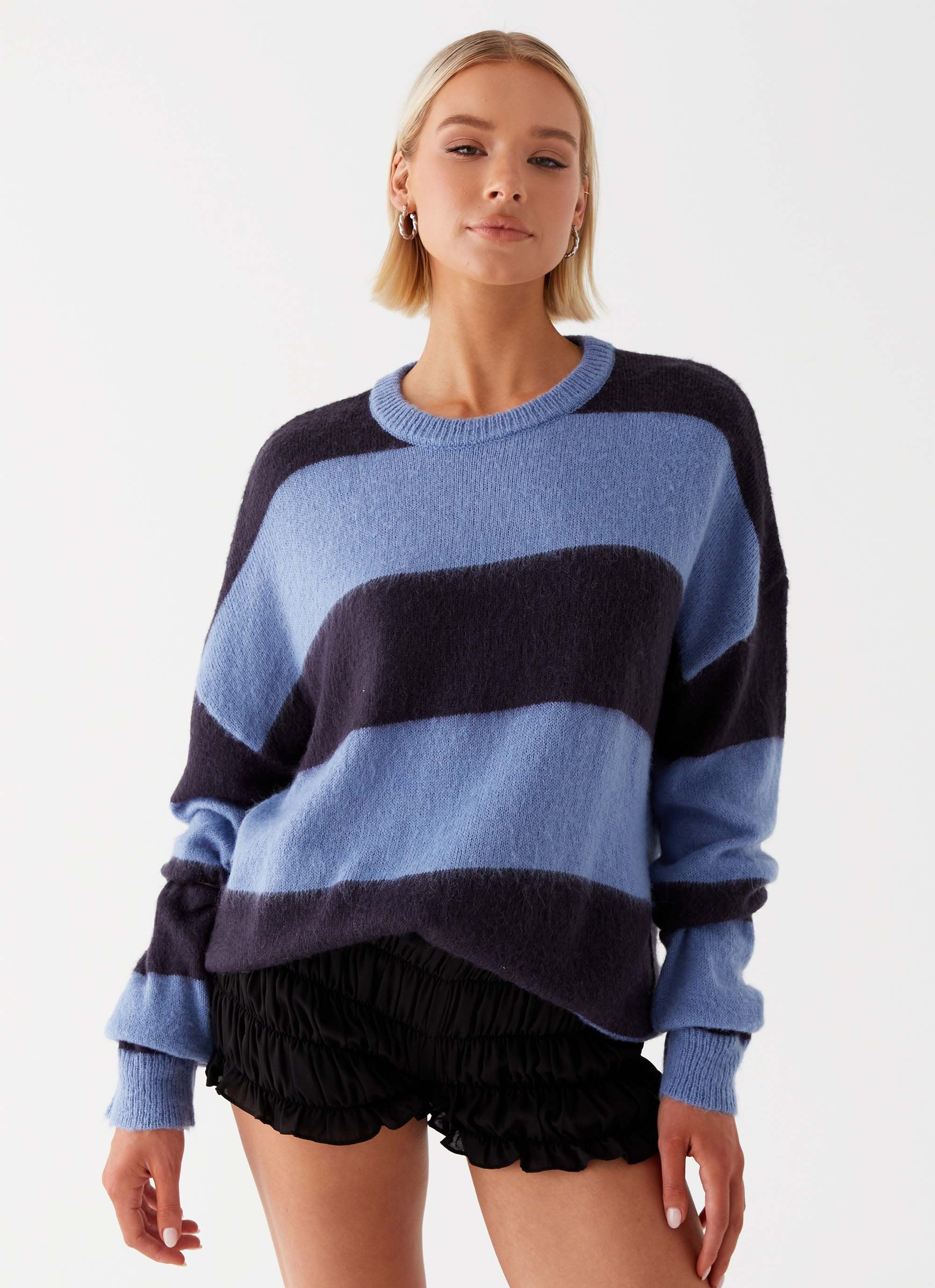 Nikita Fuzzy Knit Sweater - Blue Black Stripe