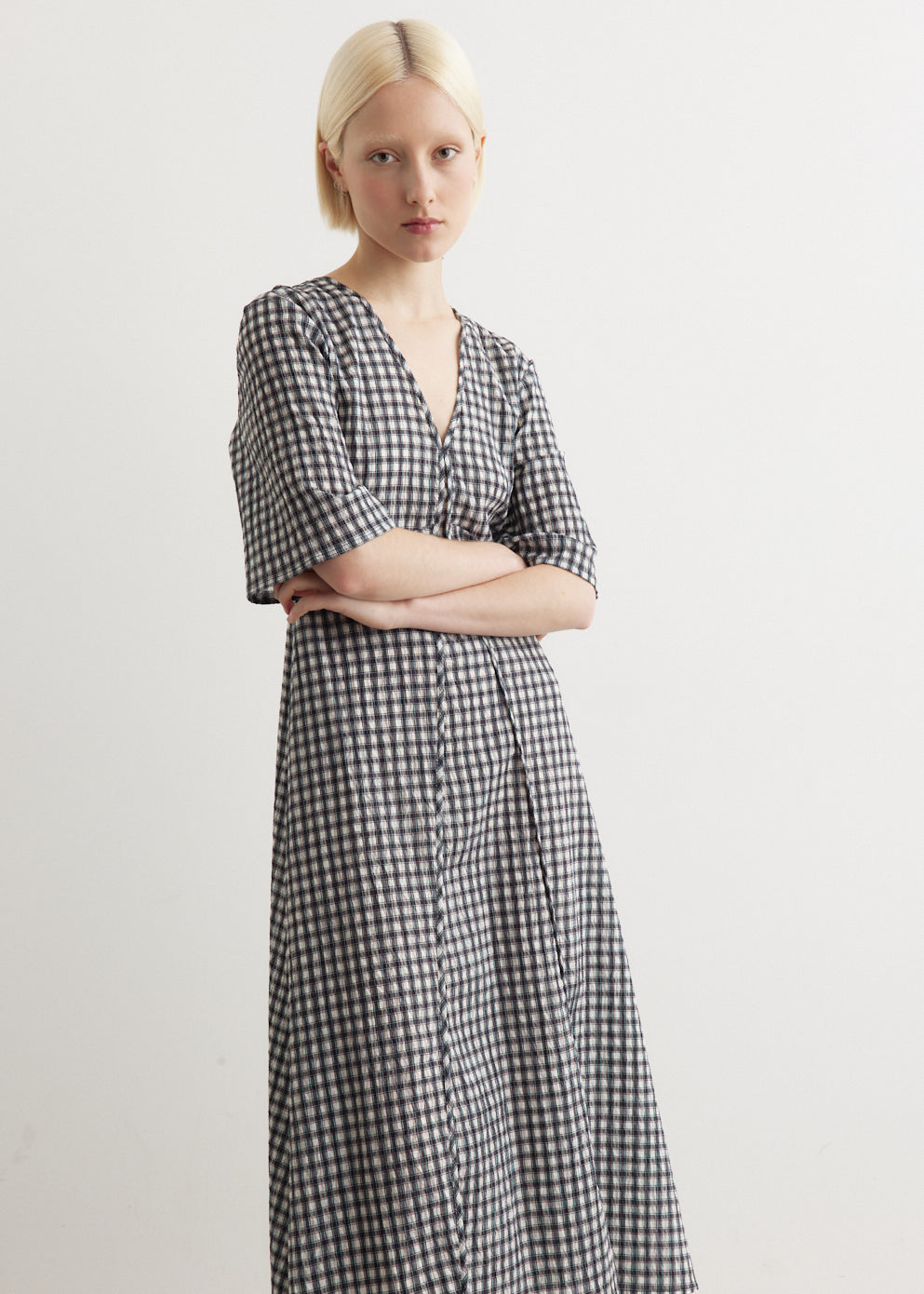 Seersucker Check V-Neck Long Dress