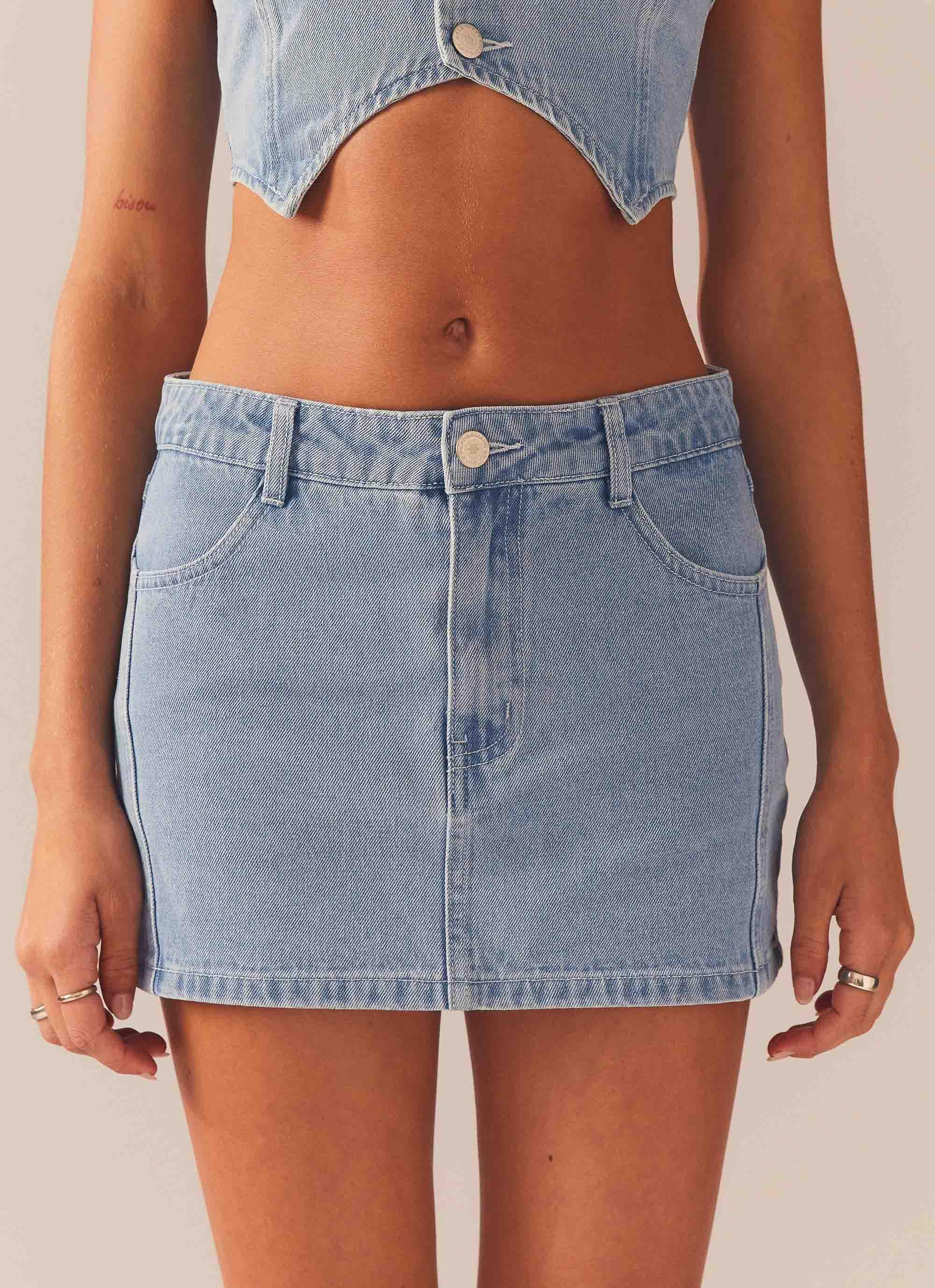 Giddy Up Denim Mini Skirt - Subdued Blue