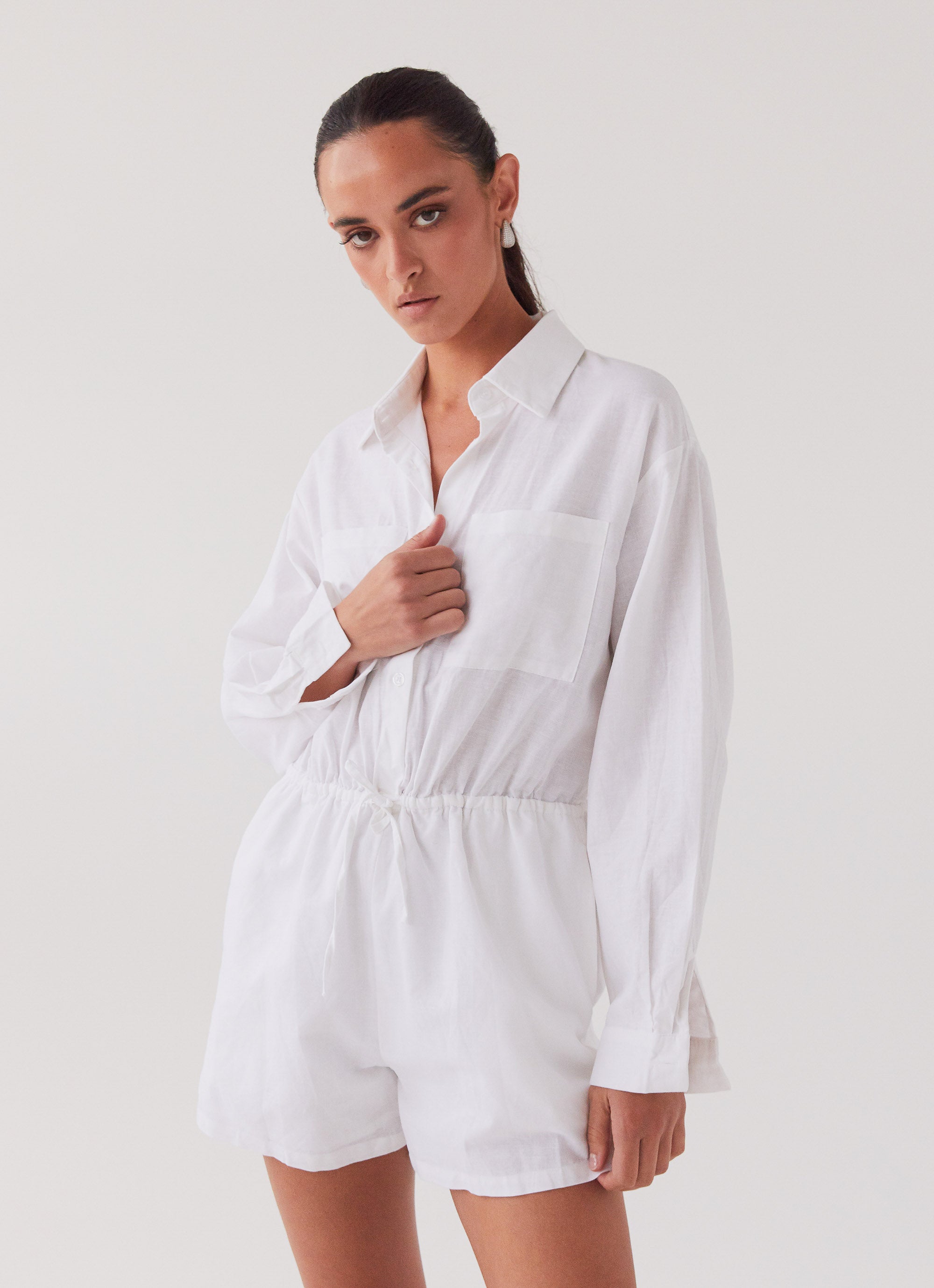 Unwind Linen Shirt Playsuit - White