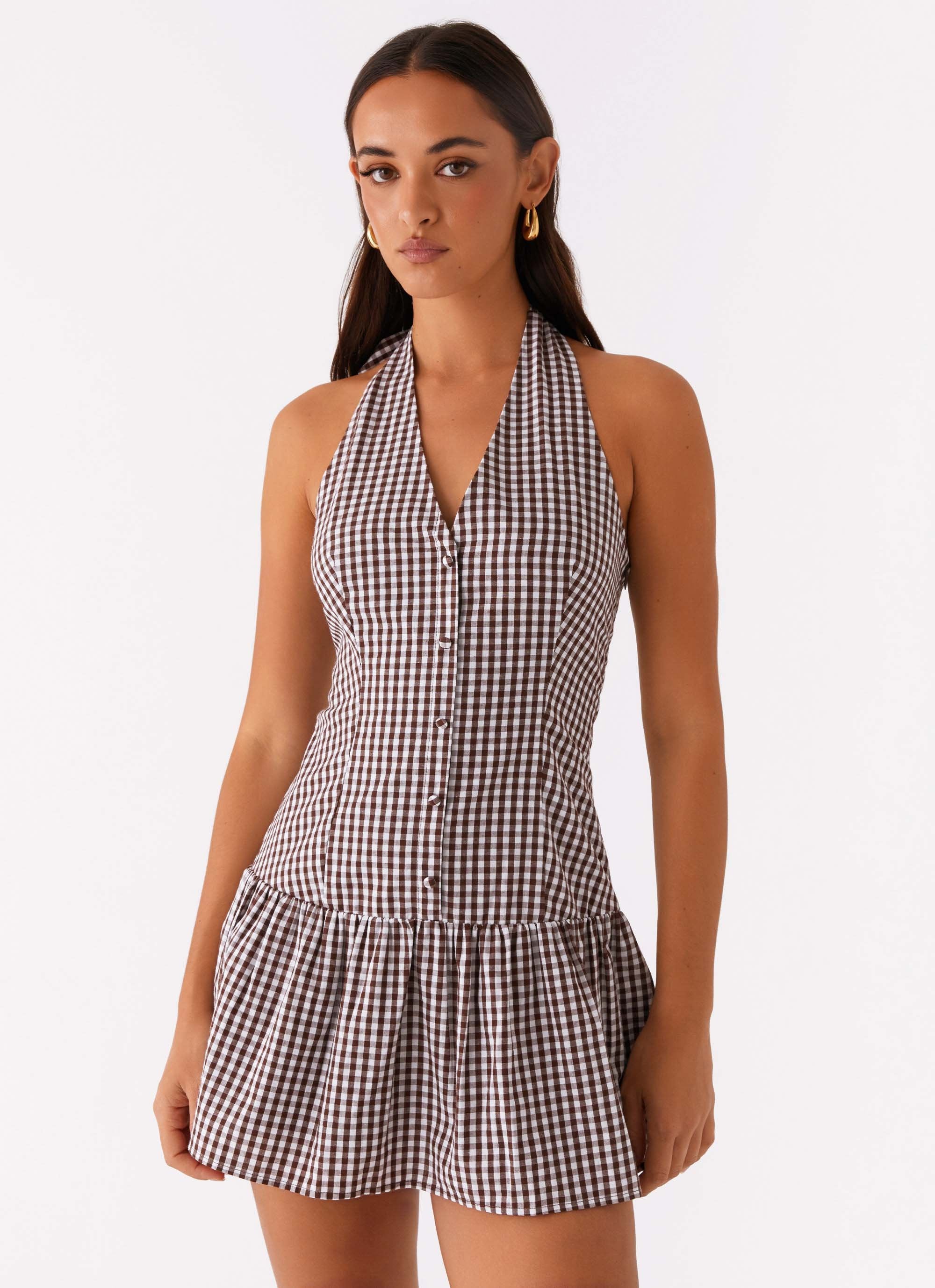 New Look Shirred Halter Mini Dress - Chocolate Gingham