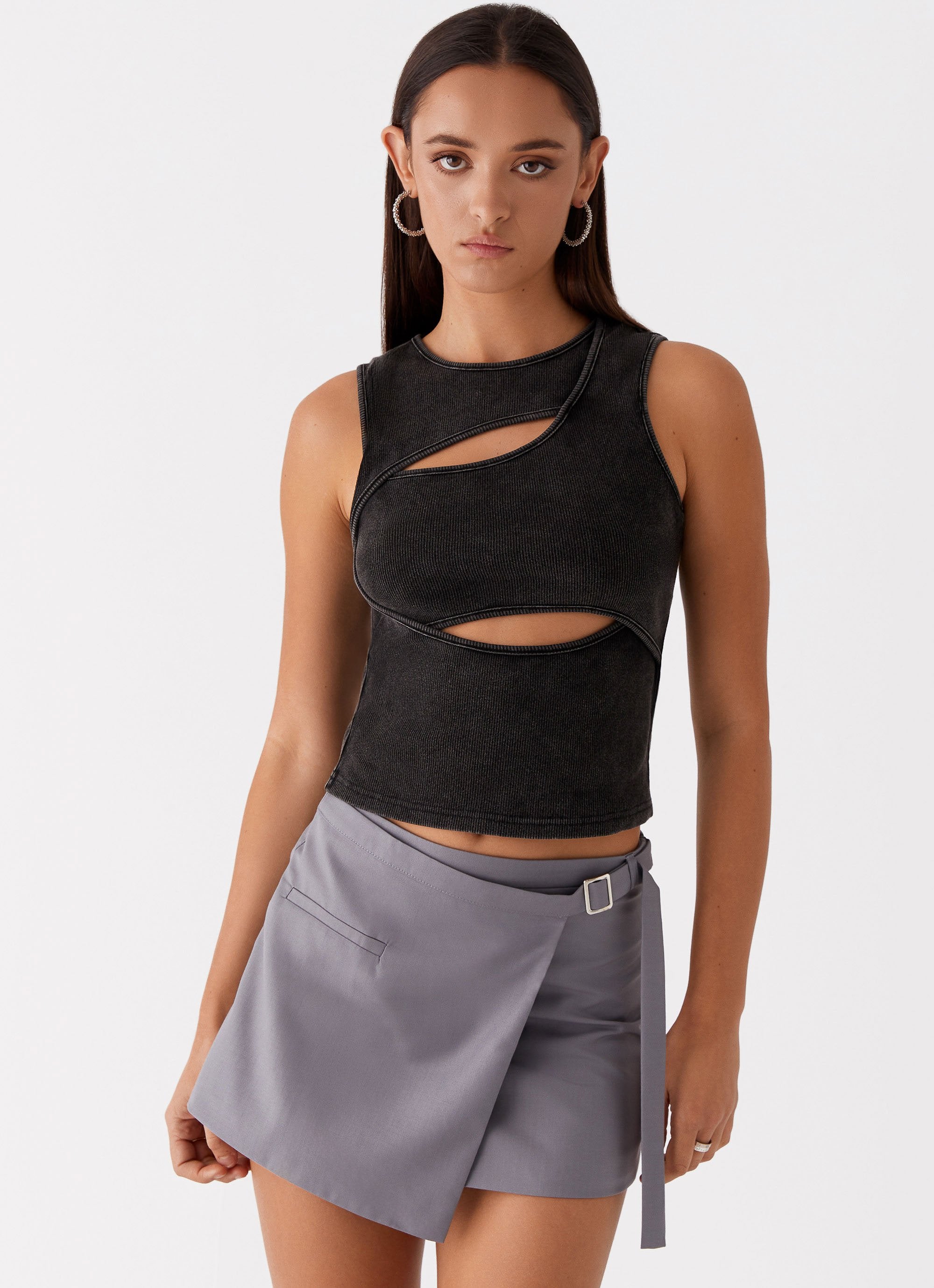 Beyond Cut Out Ribbed Top - Charcoal