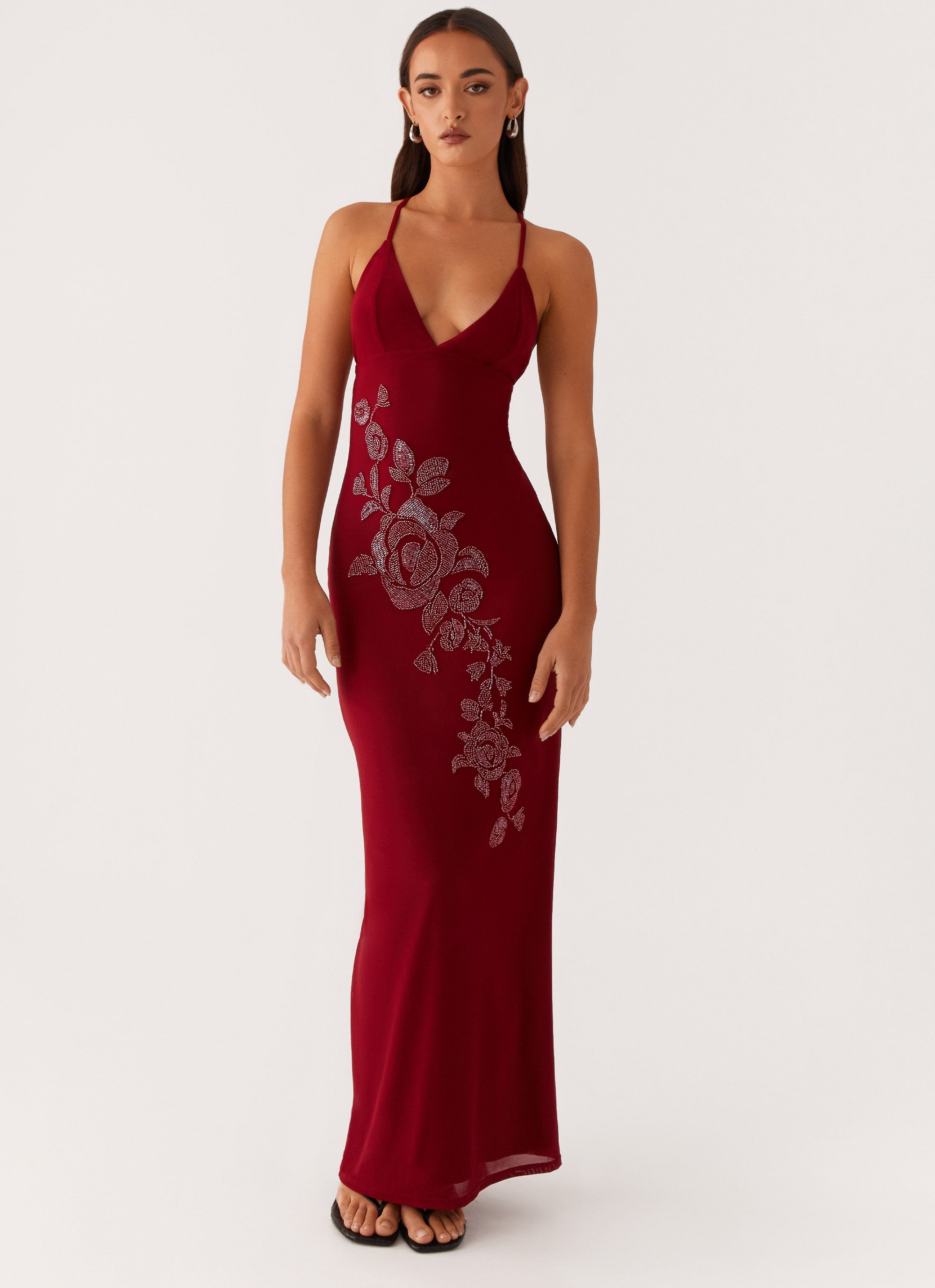 Beki Beaded Mesh Maxi Dress - Deep Red