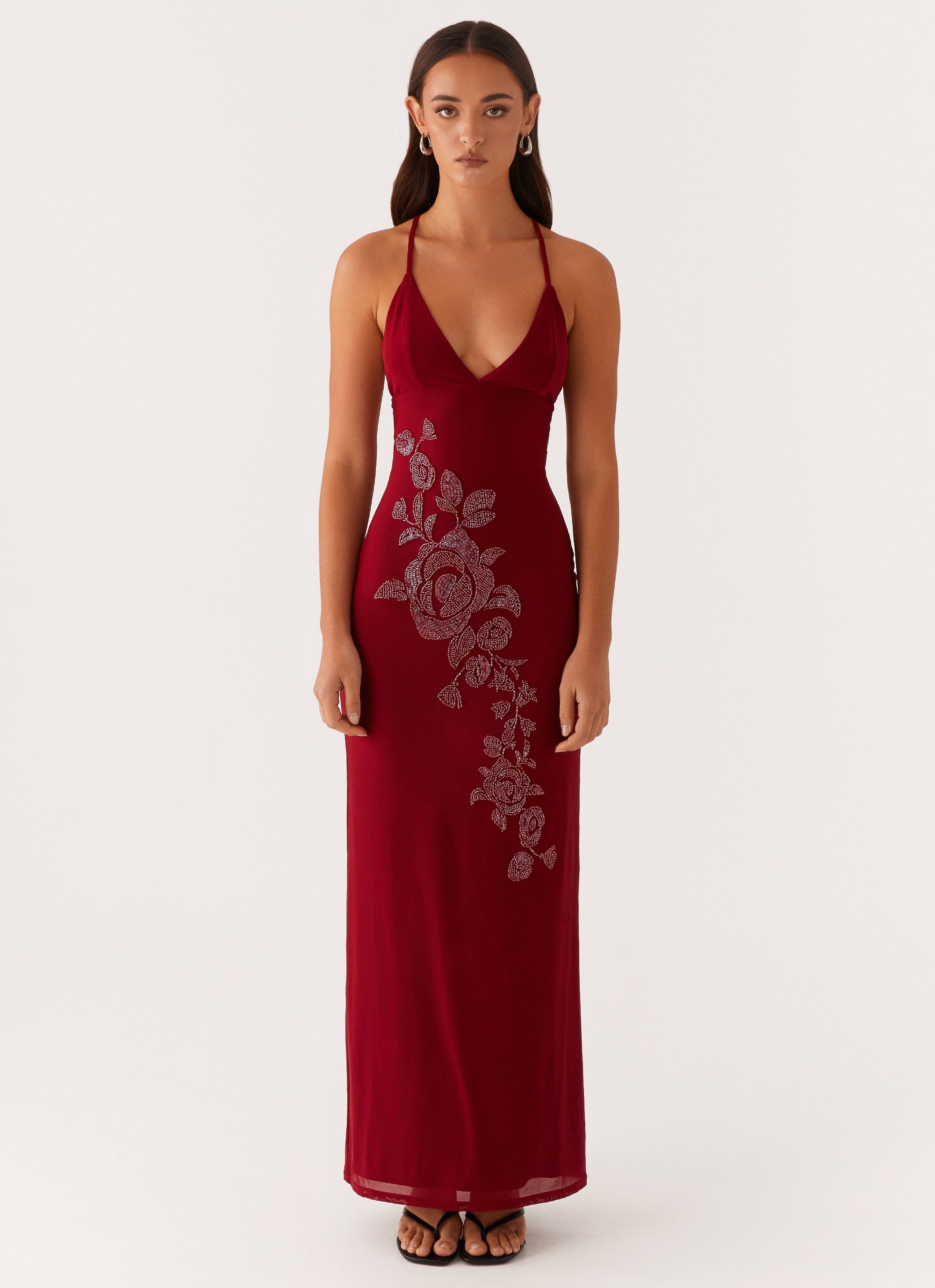 Beki Beaded Mesh Maxi Dress - Deep Red