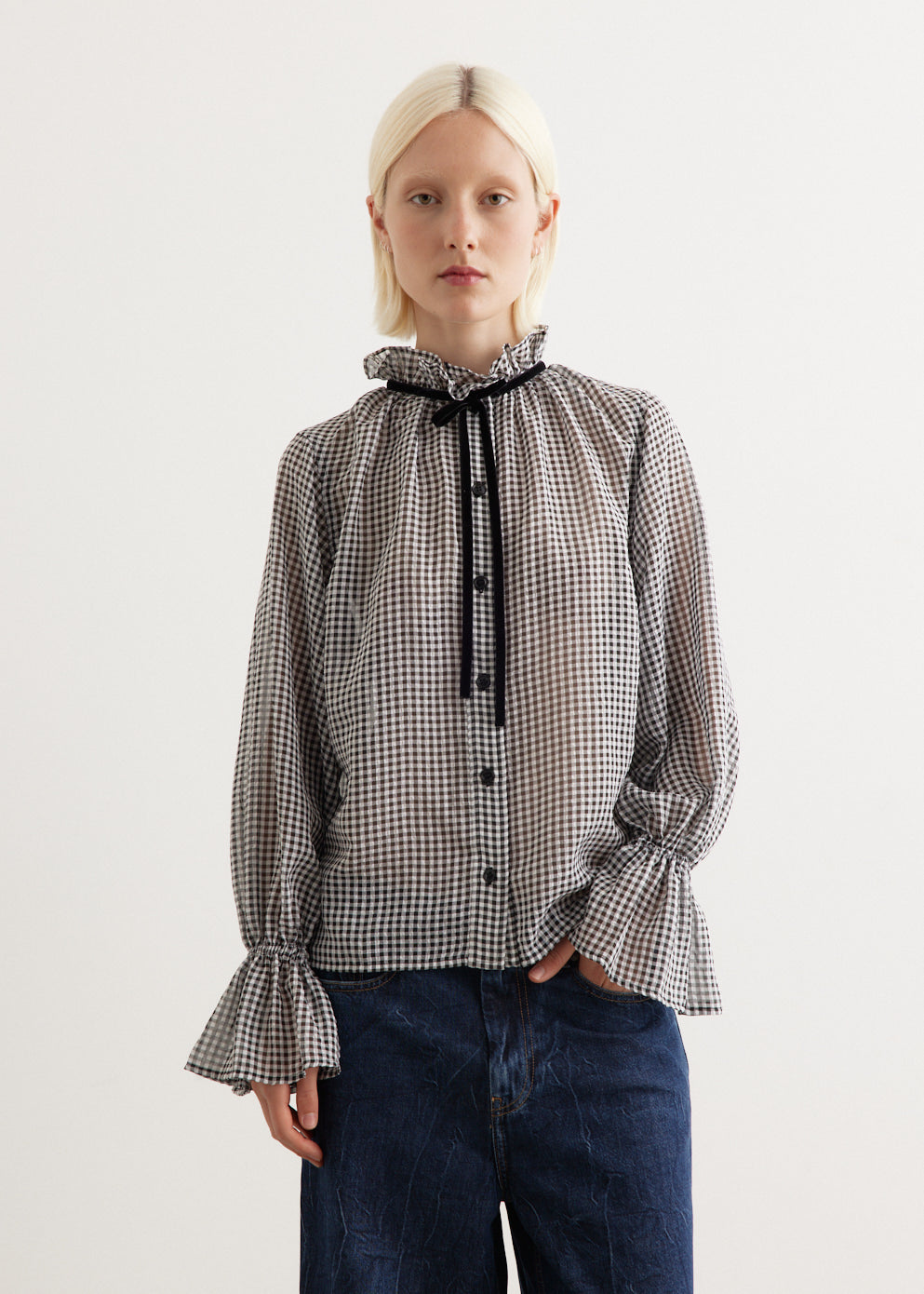 Sheer Fluid Check Tie String Shirt