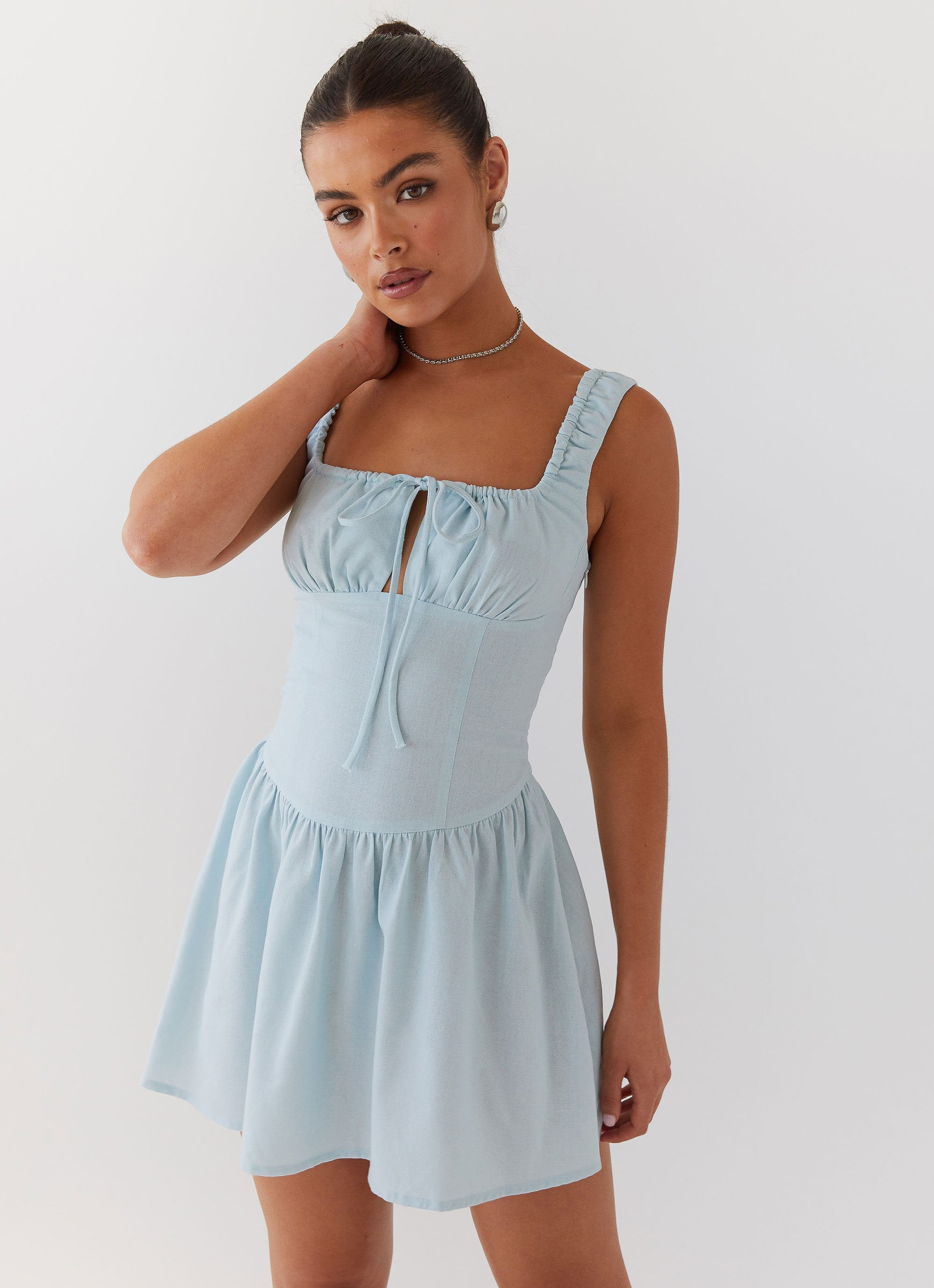 Velvet Skies Linen Mini Dress - Powder Blue