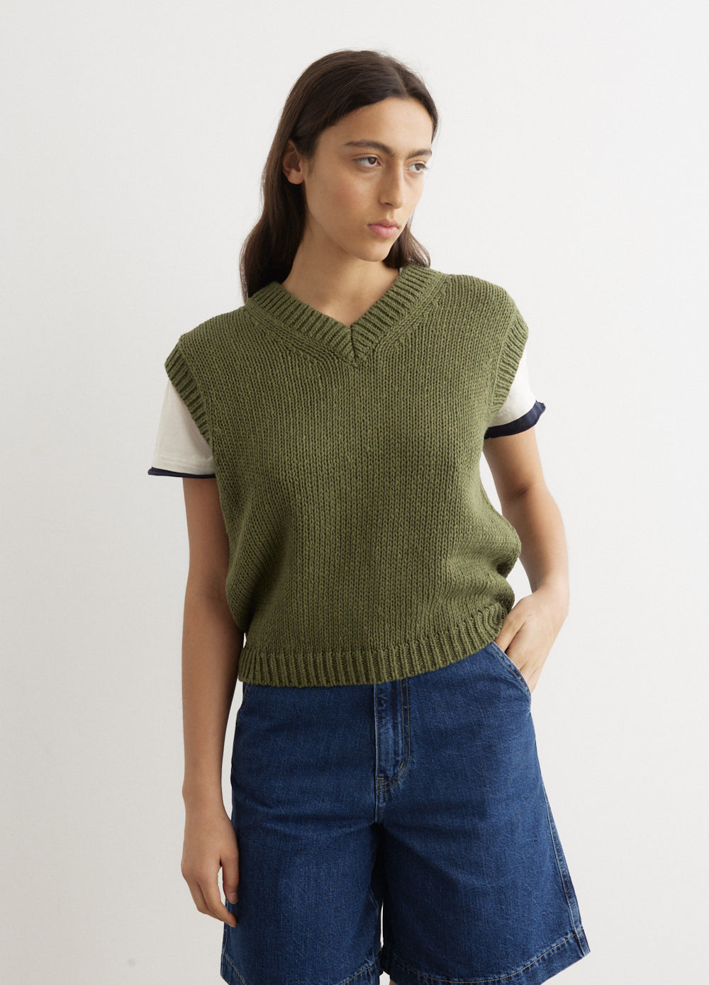 Cotton Linen V-Neck Knit Vest