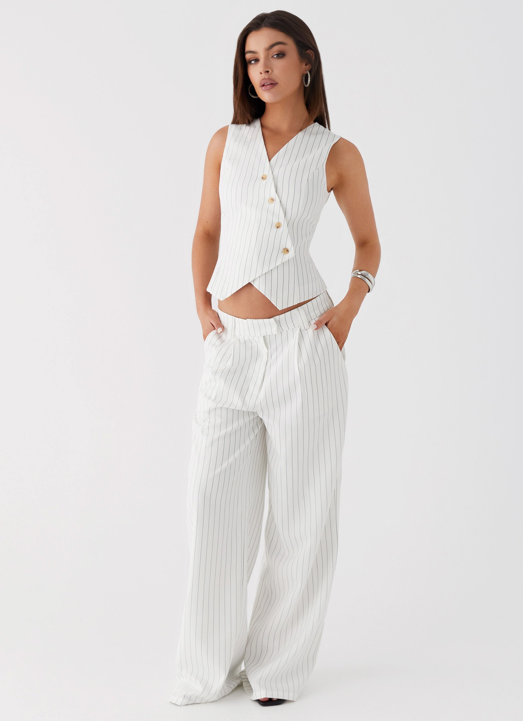 Kayla Vest Top - White Pinstripe