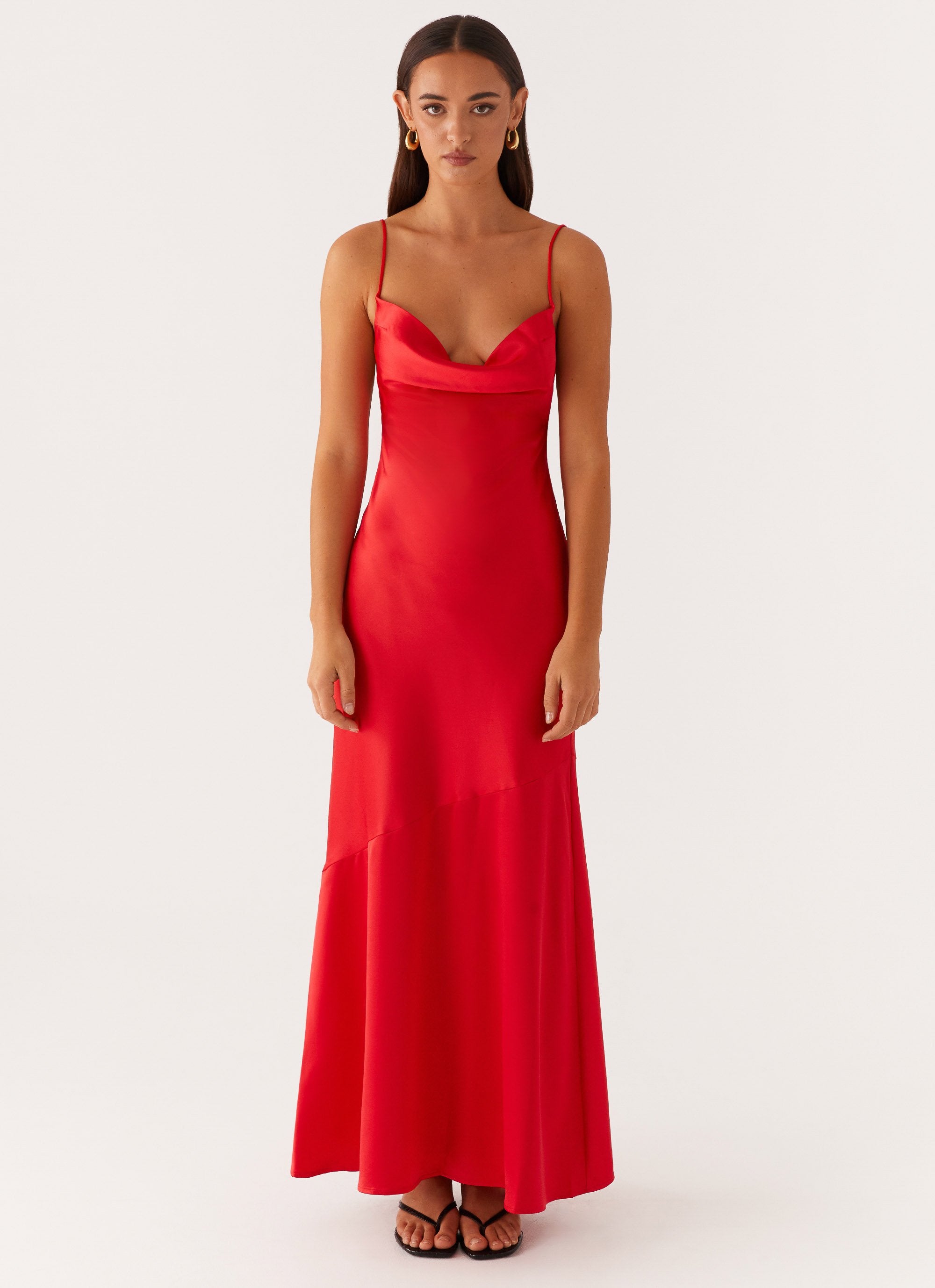 Alianna Cowl Neck Satin Maxi Dress - Red