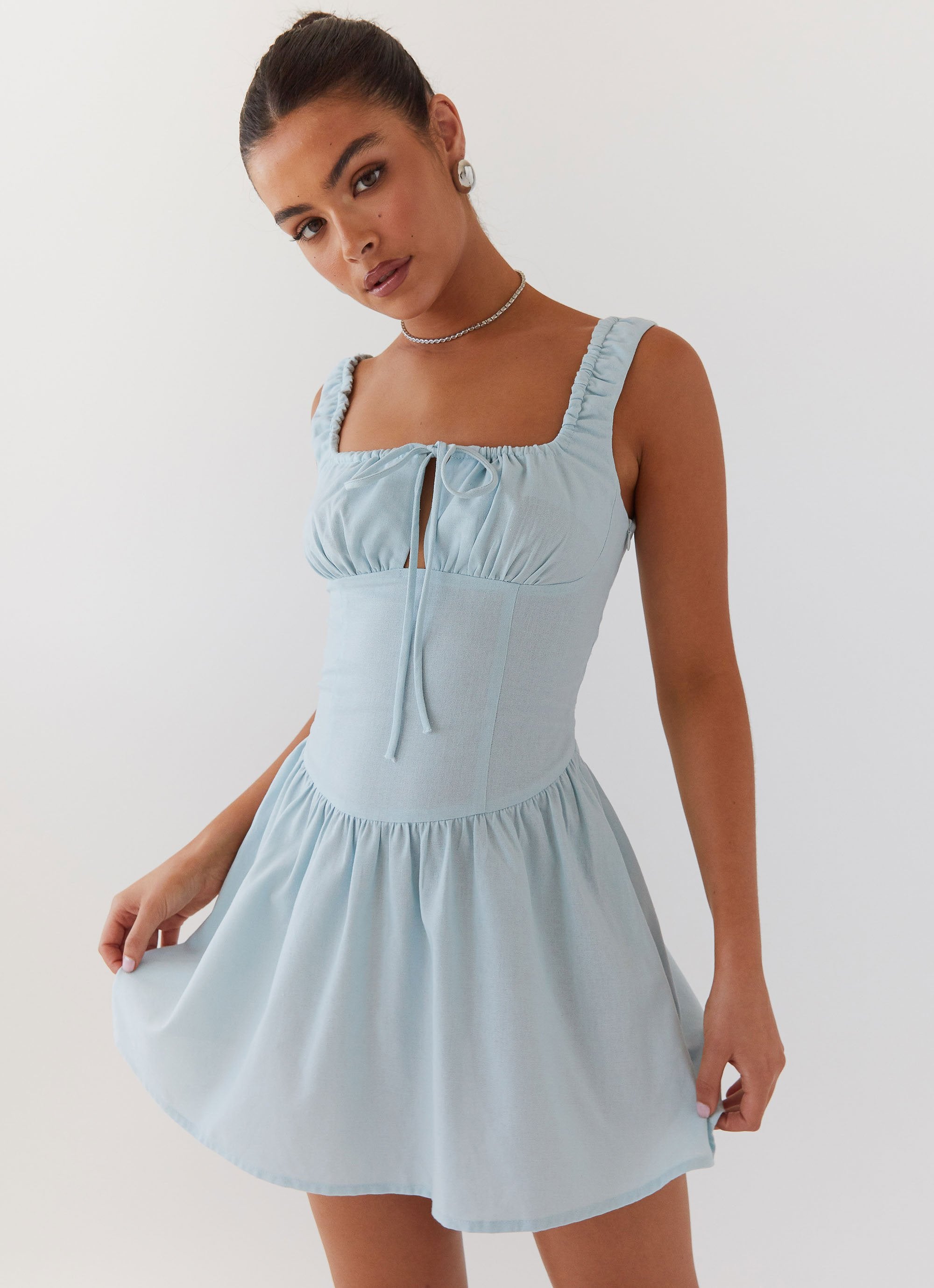 Velvet Skies Linen Mini Dress - Powder Blue