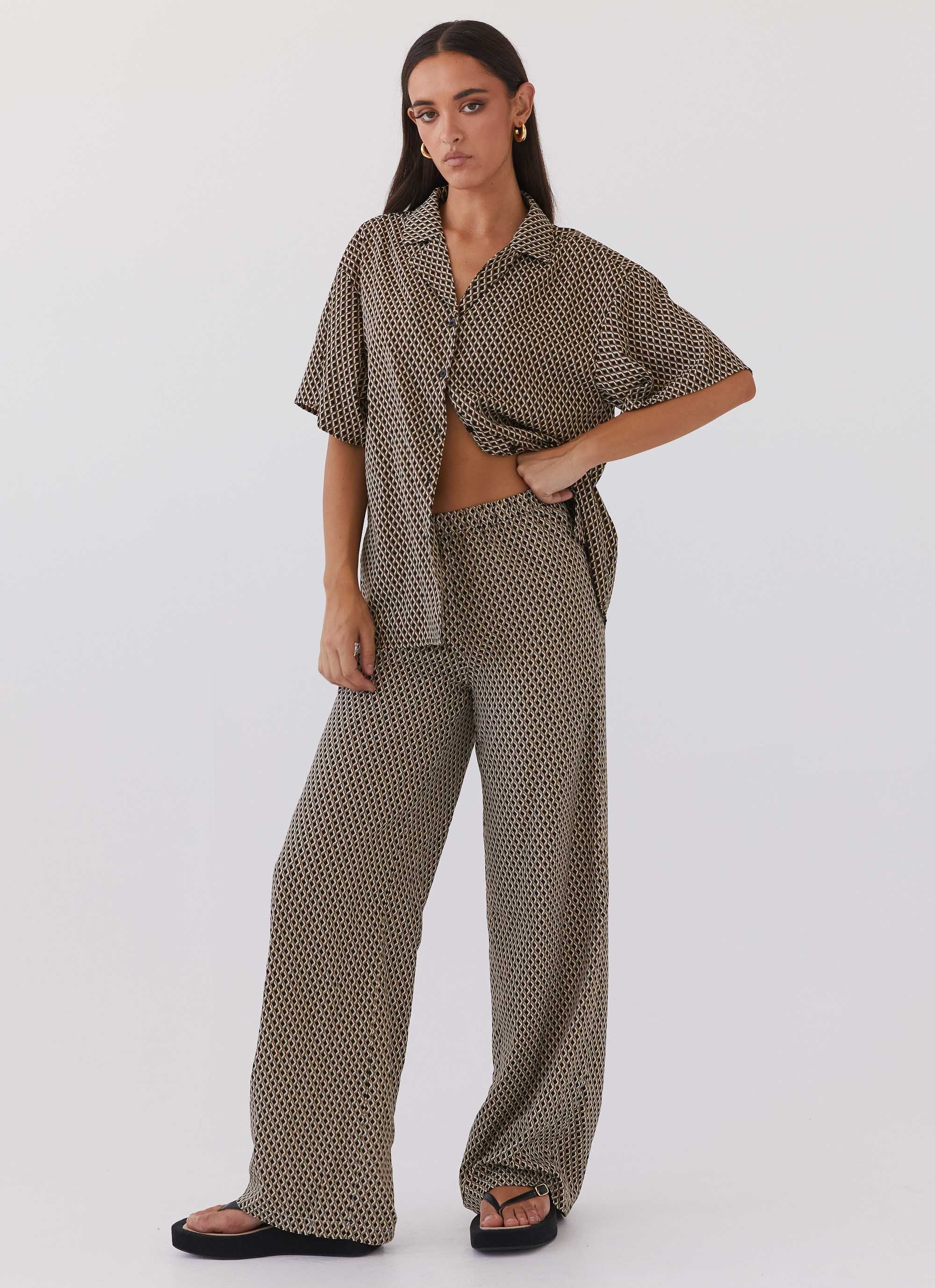 Bruno Wide Leg Pants - Brown Geo