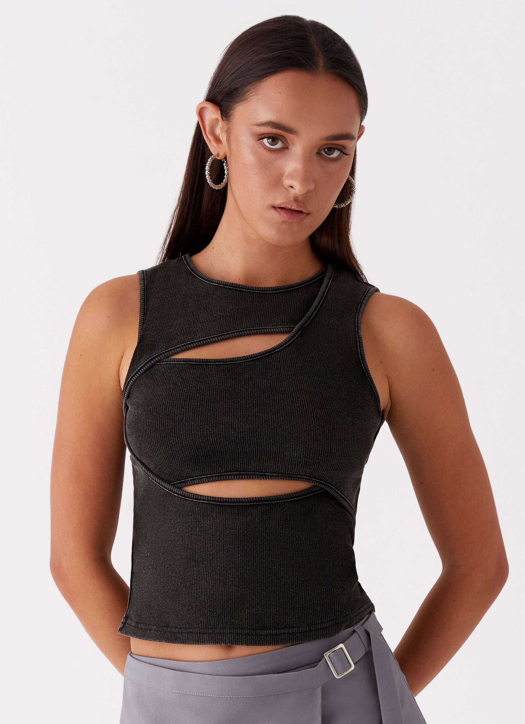 Beyond Cut Out Ribbed Top - Charcoal