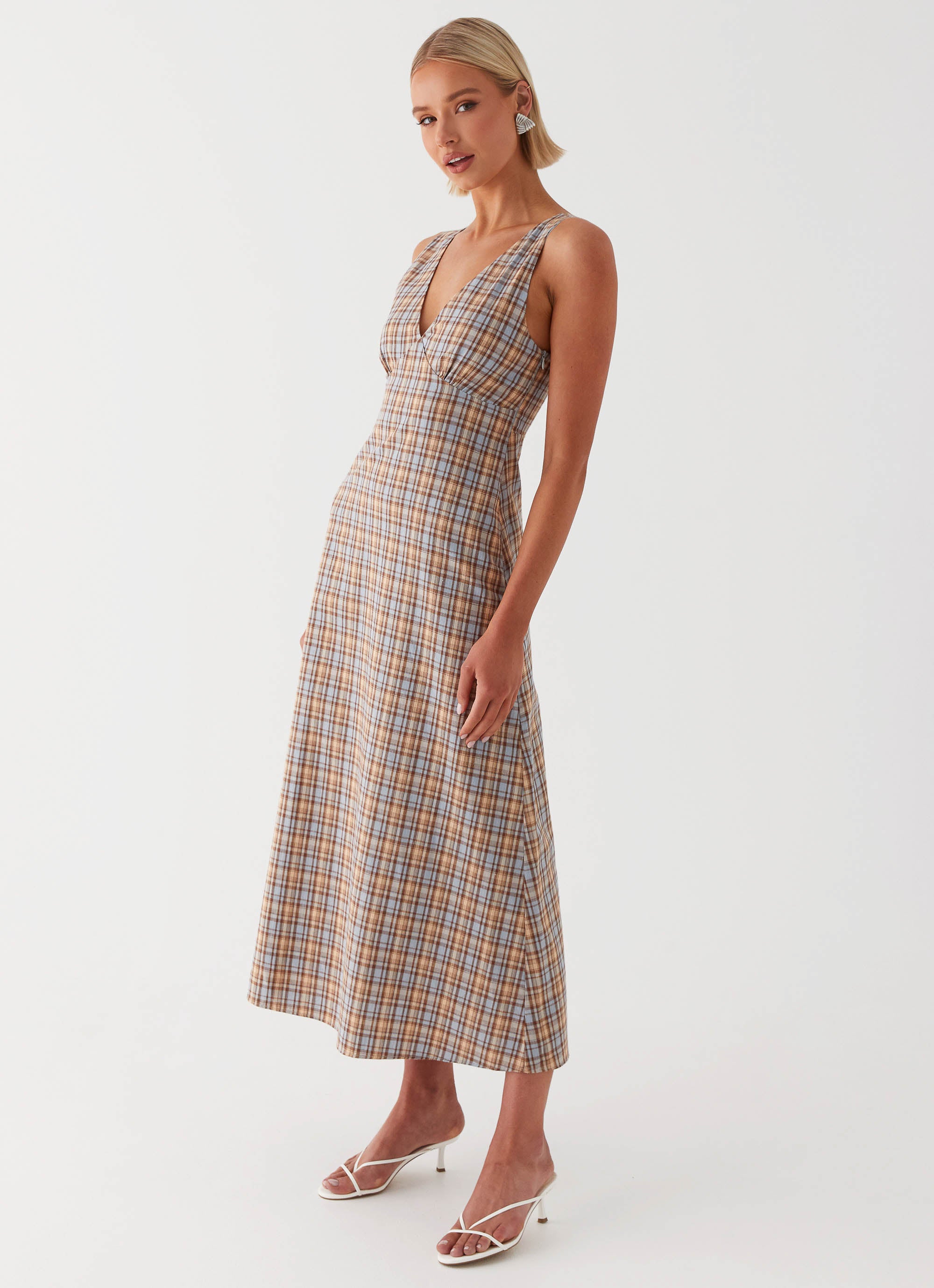 Daphny Gathered Bust Midi Dress - Check