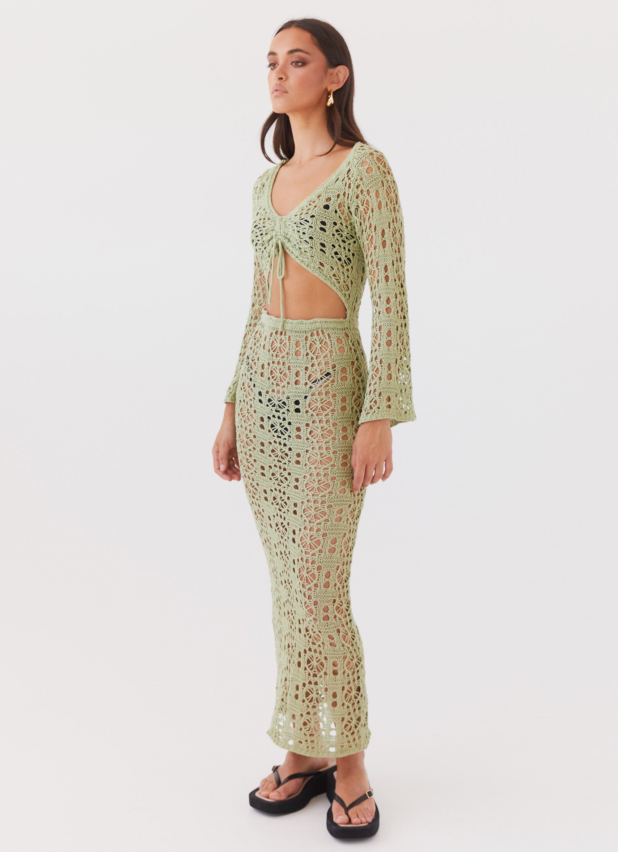 Seaside Soiree Crochet Maxi Dress - Light Olive