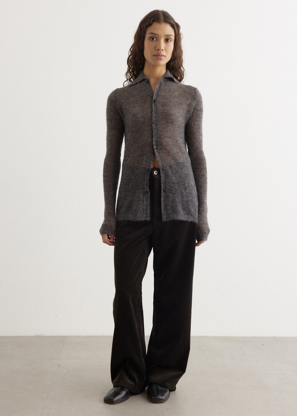 Kid Mohair Sheer Knit Shirt Cardigan