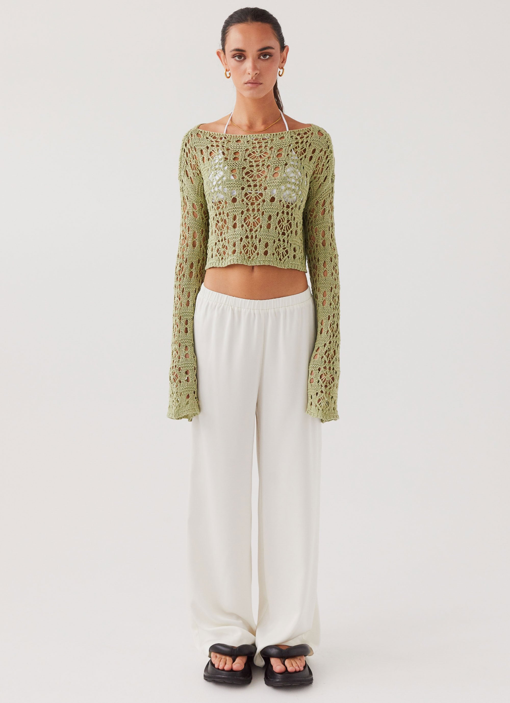 Free Mind Crochet Long Sleeve Top - Light Olive