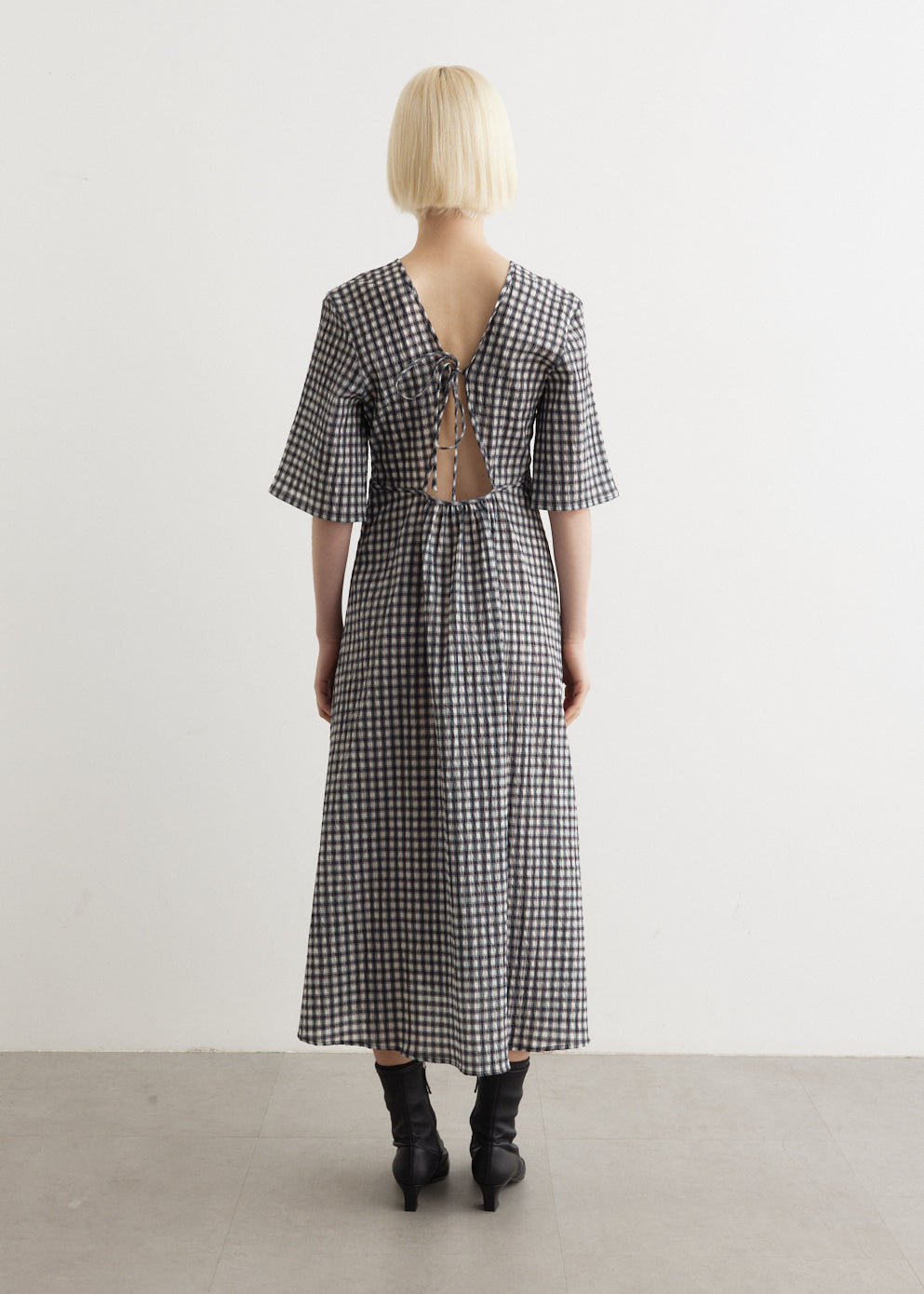 Seersucker Check V-Neck Long Dress