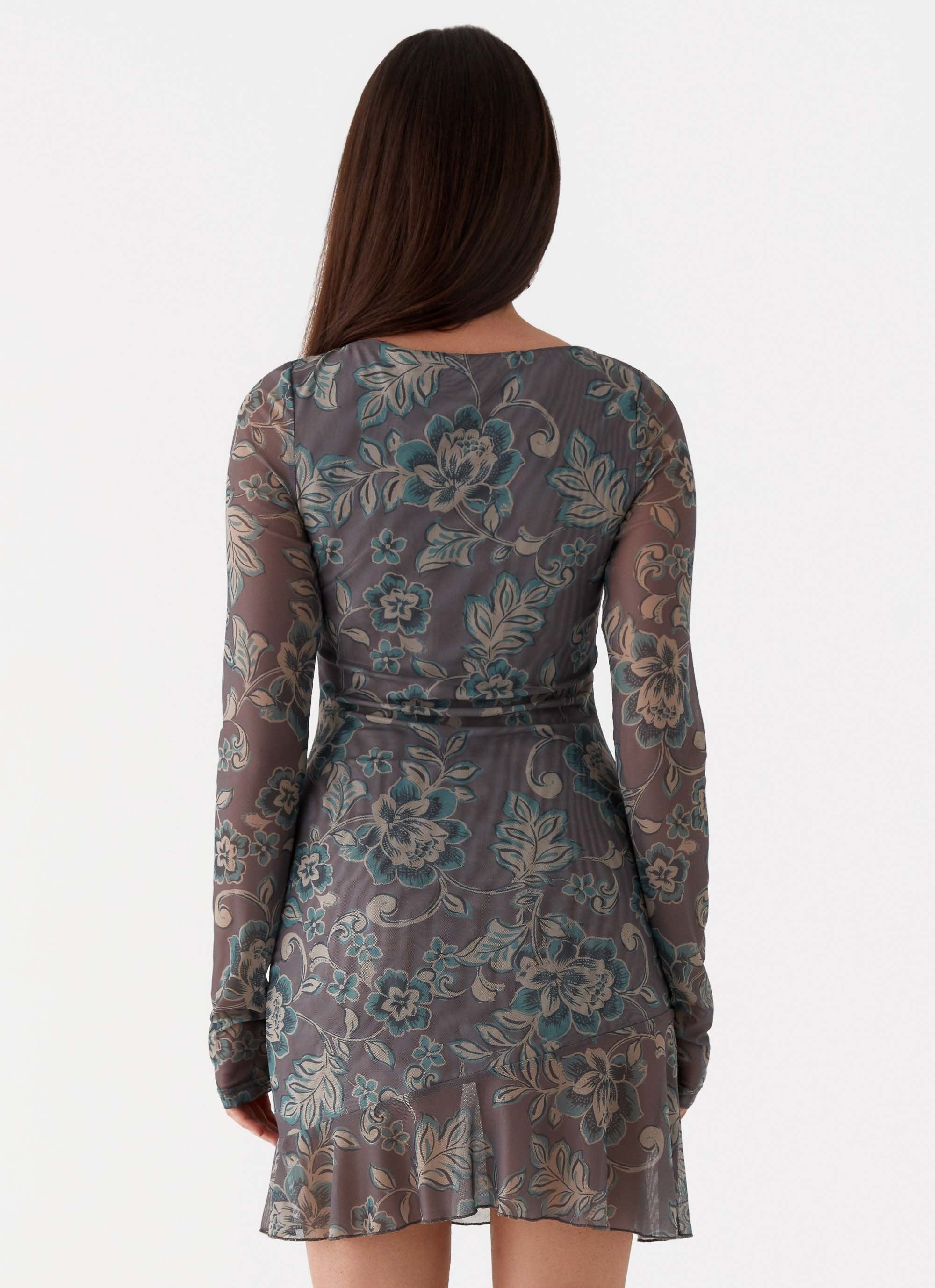 Ines Long Sleeve Mini Dress - Brown Floral