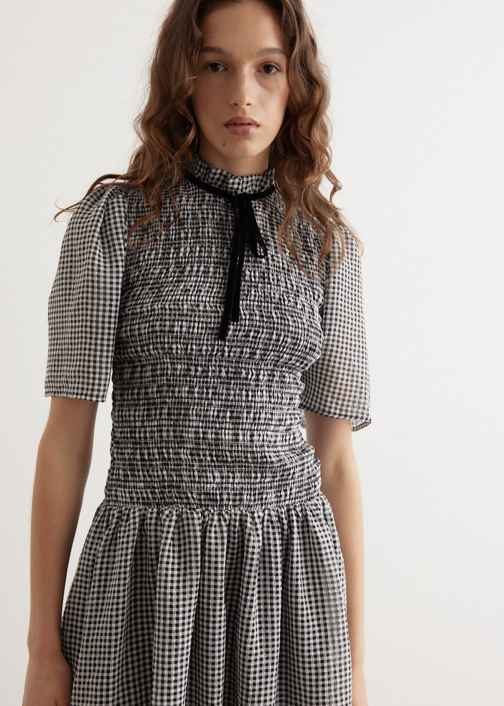 Sheer Fluid Check Mini Smock Dress