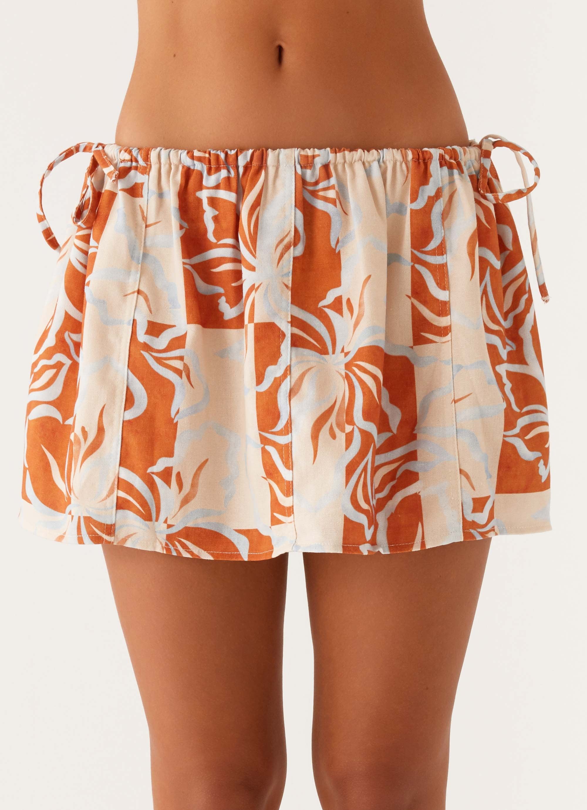 Athena Drawstring Mini Skirt - Orange Blue Floral