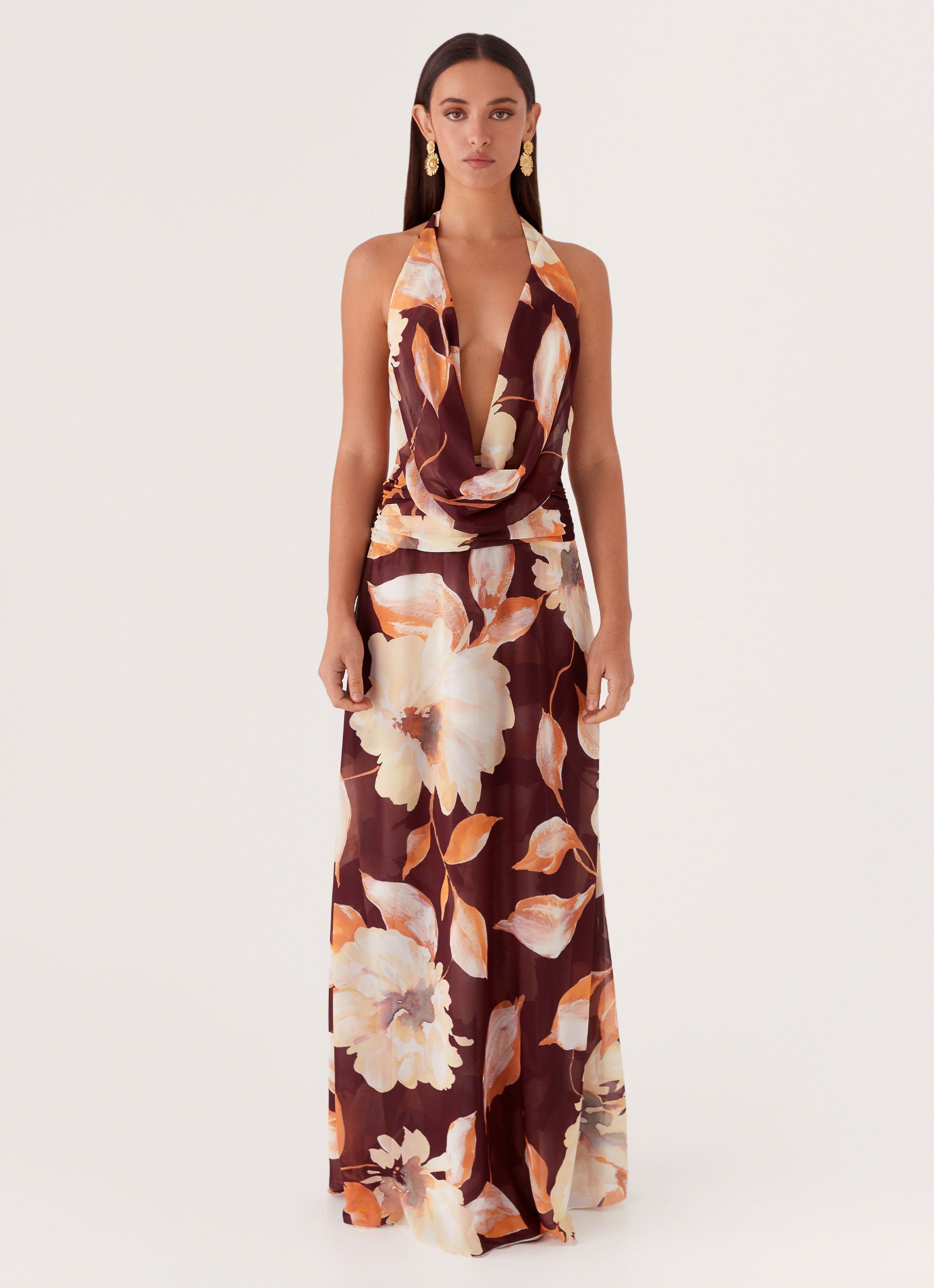 Elysia Chiffon Maxi Dress - Brown Floral